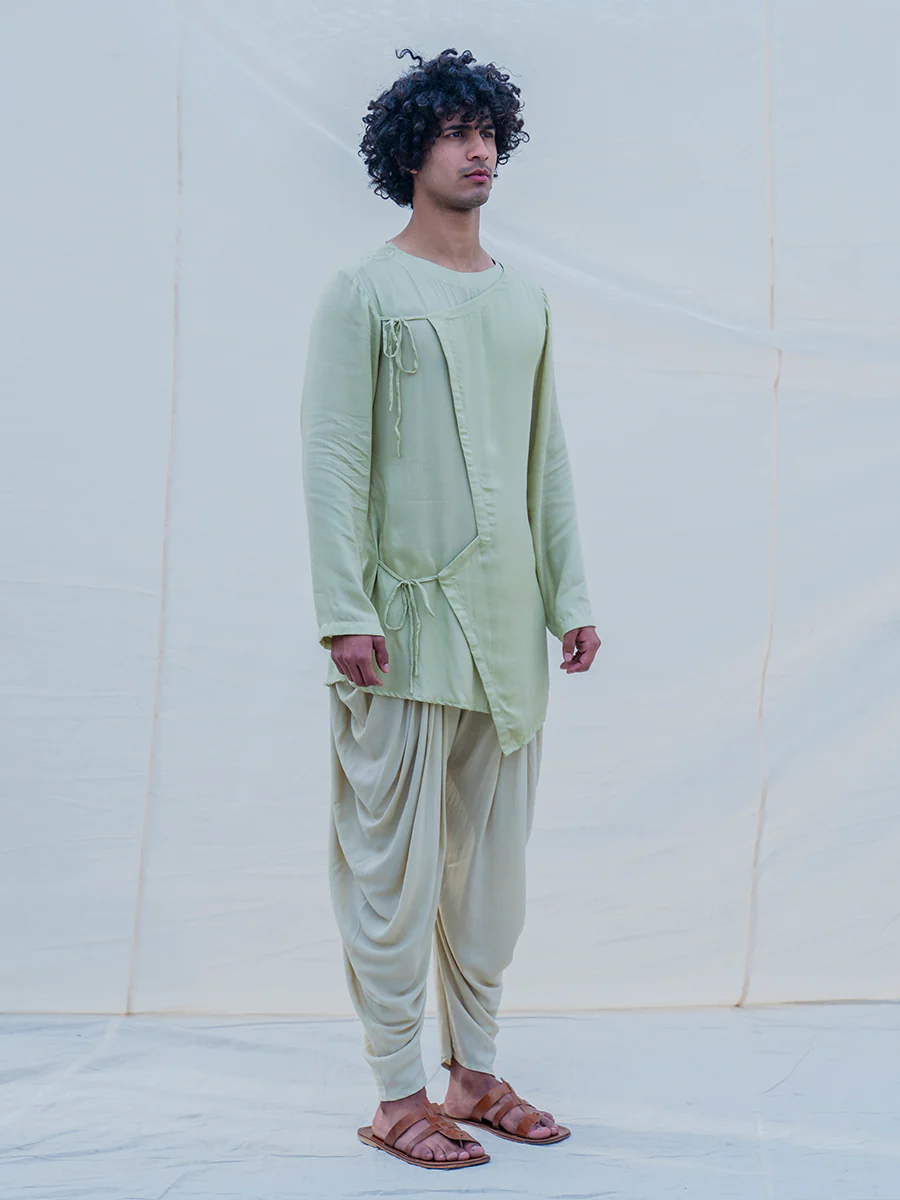 Cotton X Rayon Pista Green Angrakha with Dhoti Set - Image 4