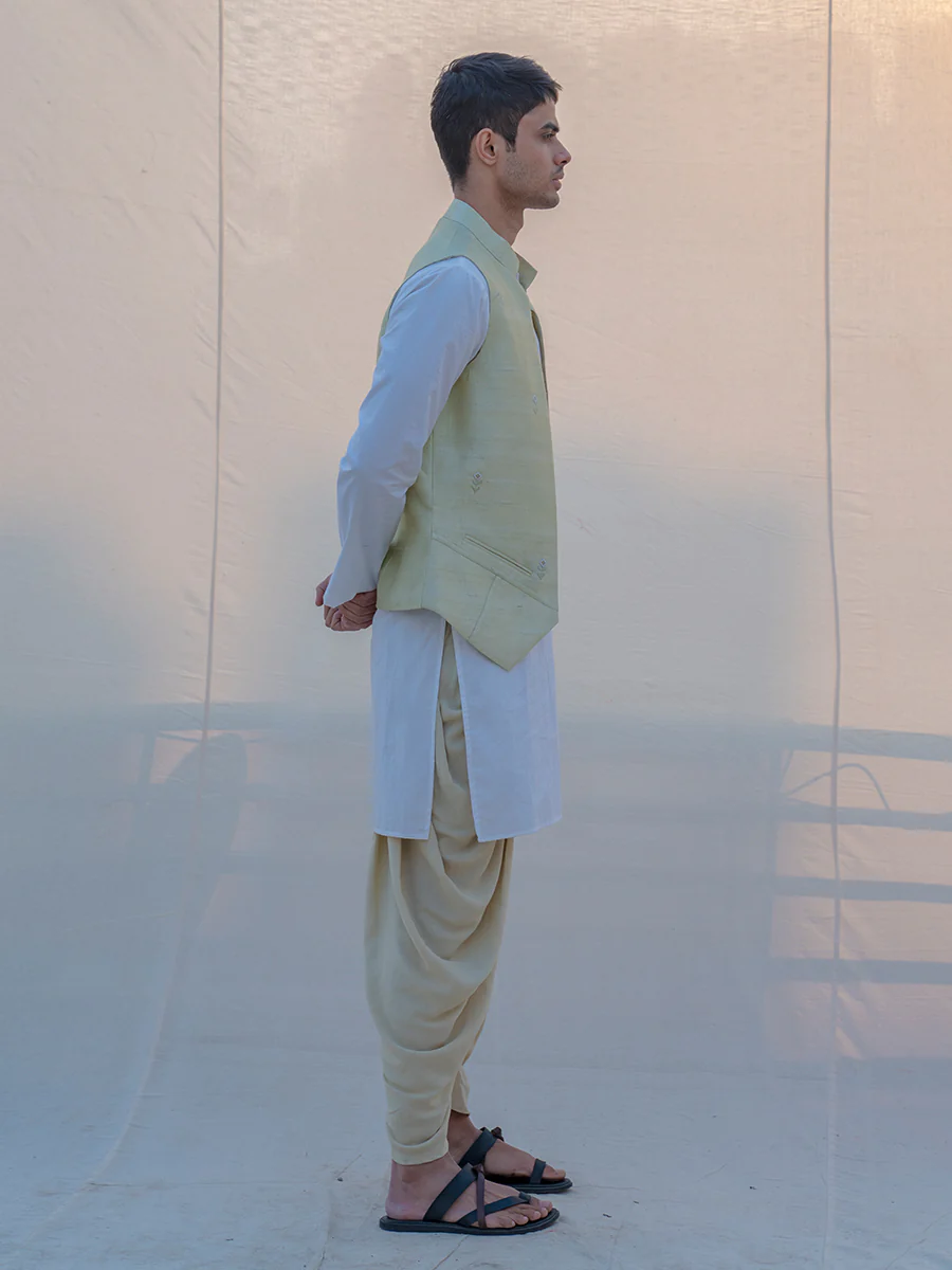Pista Green Hand Embroidered Waist Coat With Dhoti & Kurta Set - Image 3