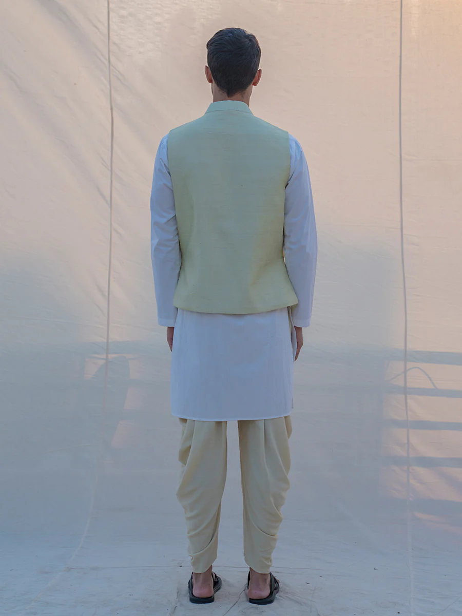 Pista Green Hand Embroidered Waist Coat With Dhoti & Kurta Set - Image 4