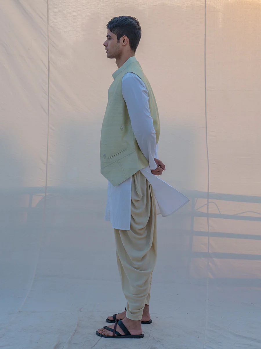 Pista Green Hand Embroidered Waist Coat With Dhoti & Kurta Set - Image 5