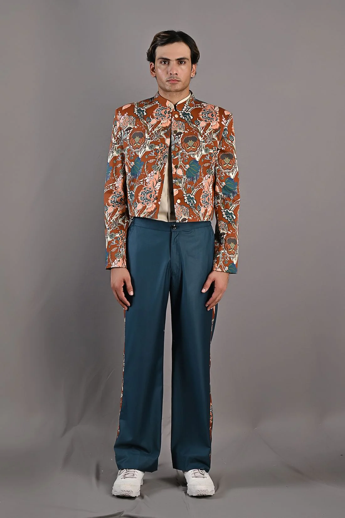 Corey - Maroon & Multi Printed Short Jacket , Shirt & Pant Set