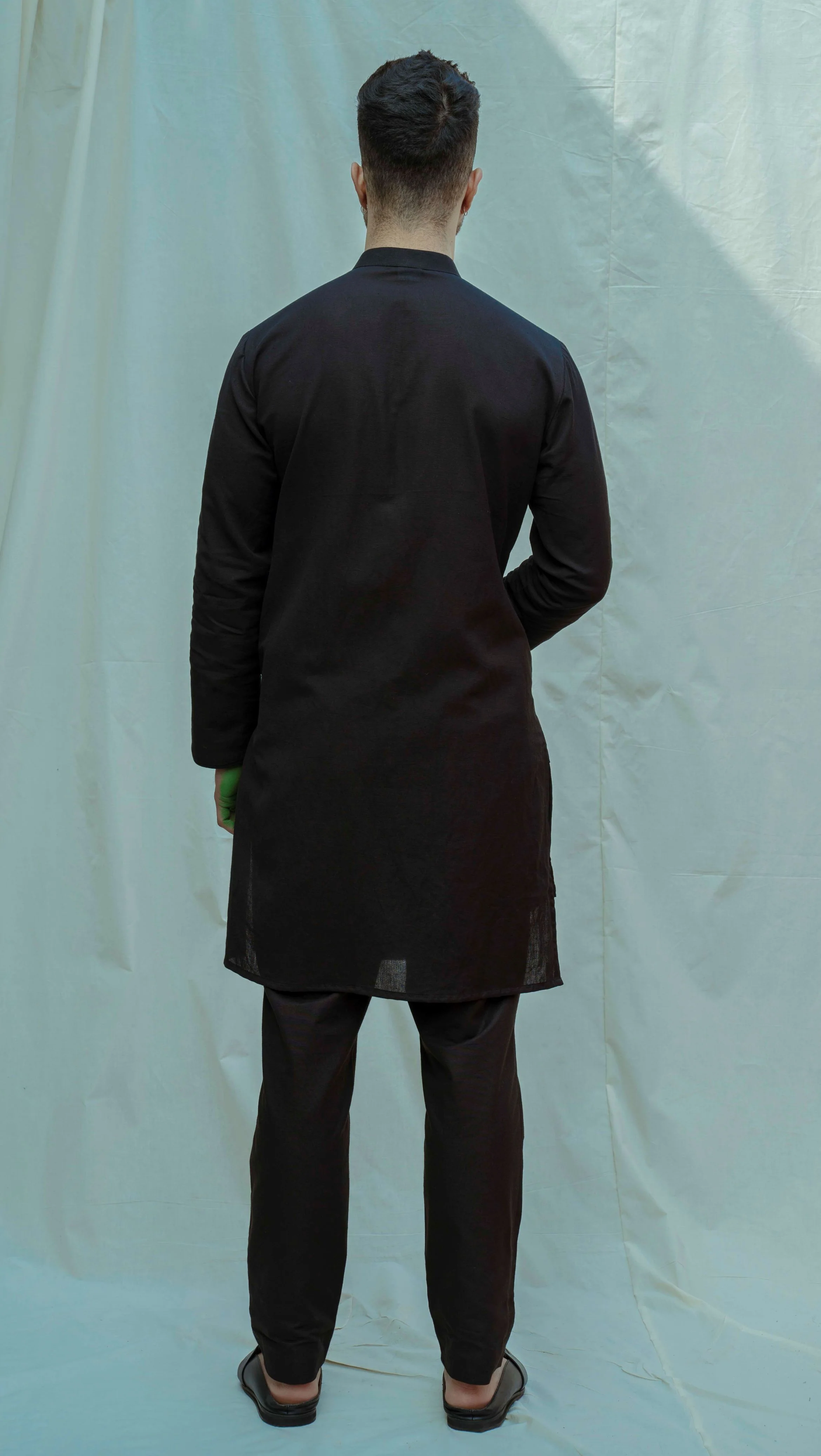 Cotton X Linen Black Asymmetry Pleated Kurta with Pant Set - Image 2
