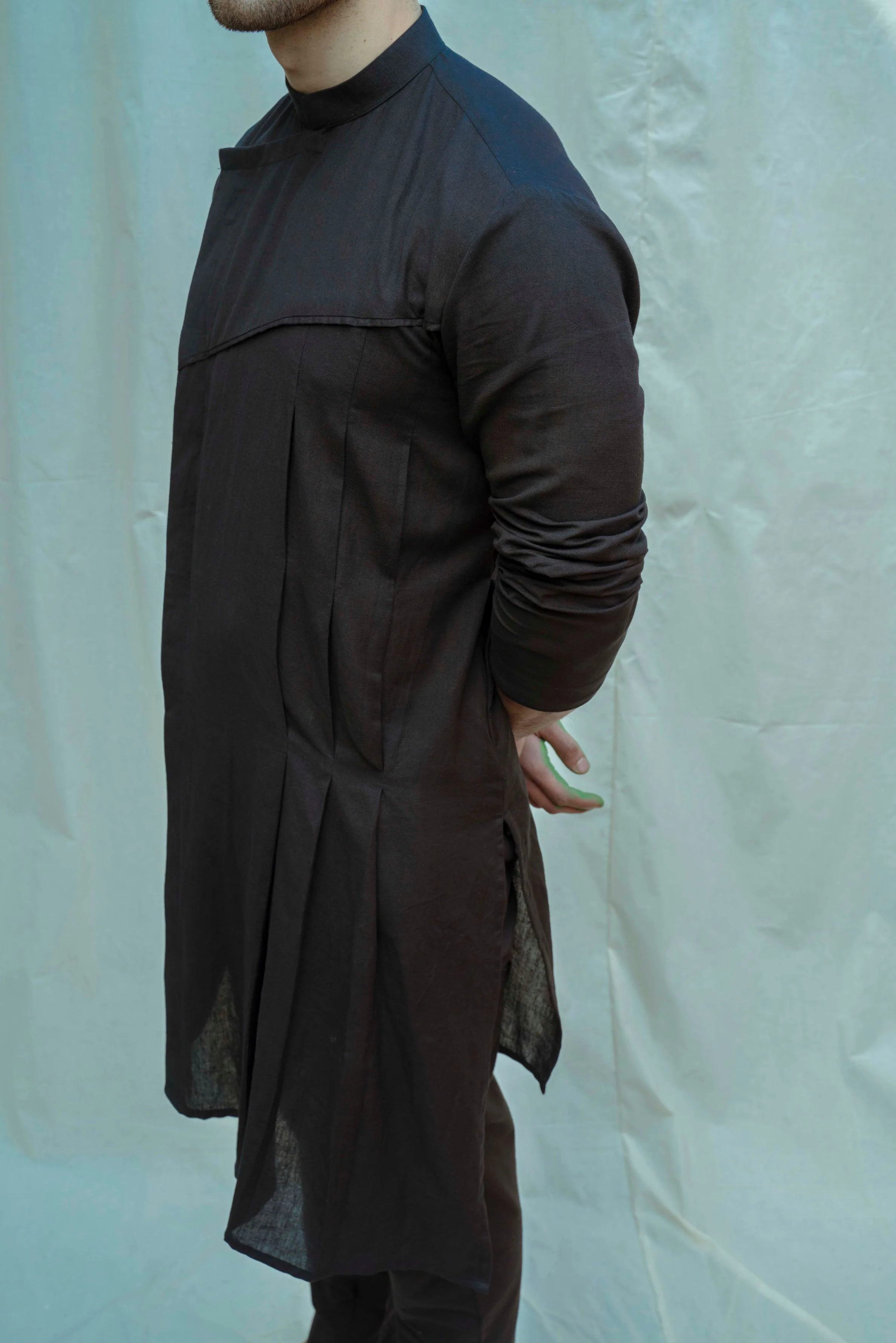 Cotton X Linen Black Asymmetry Pleated Kurta with Pant Set - Image 3