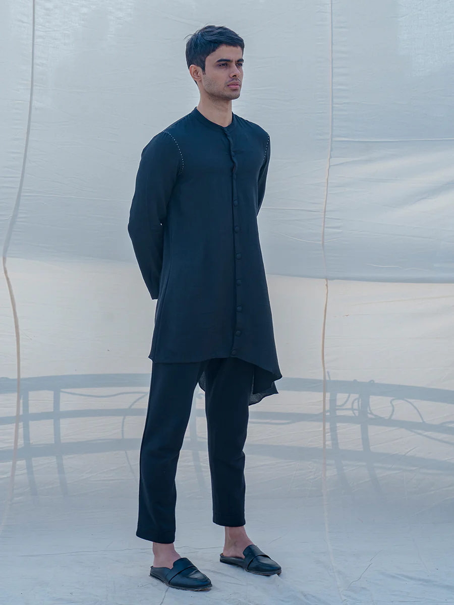 Cotton X Linen Bad & Black Kurta Set - Image 3