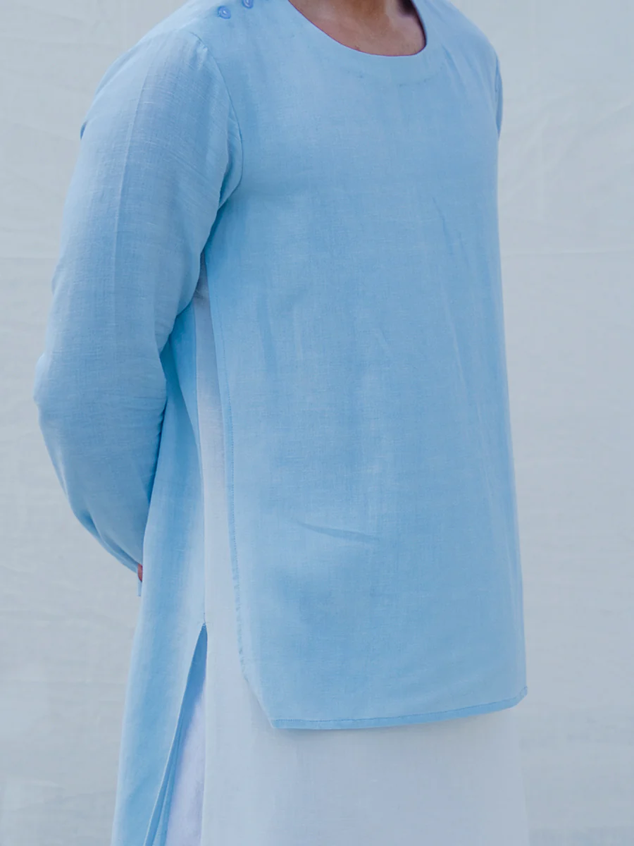 Cotton X Linen Aqua Blue Kurta with Tulip Dhoti set - Image 2