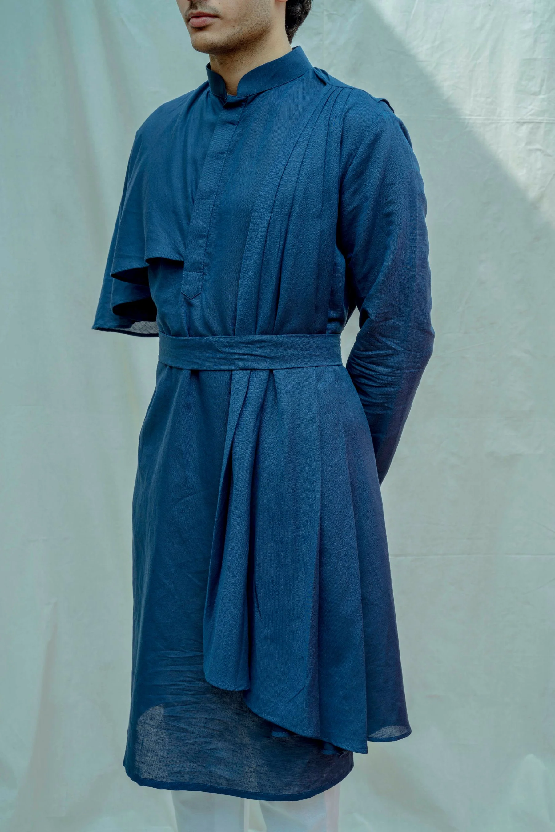 Cotton X Linen Blue Cape Style Kurta Set - Image 3