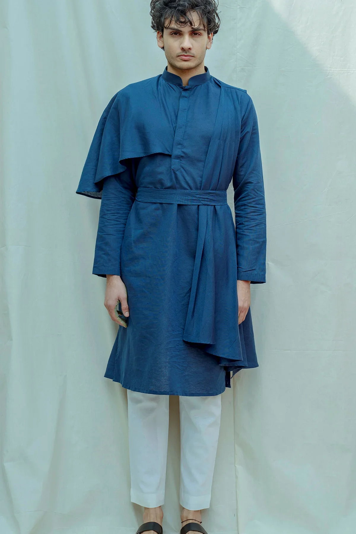 COTTON X LINEN - ROYAL BLUE CAPE STYLE KURTA SET