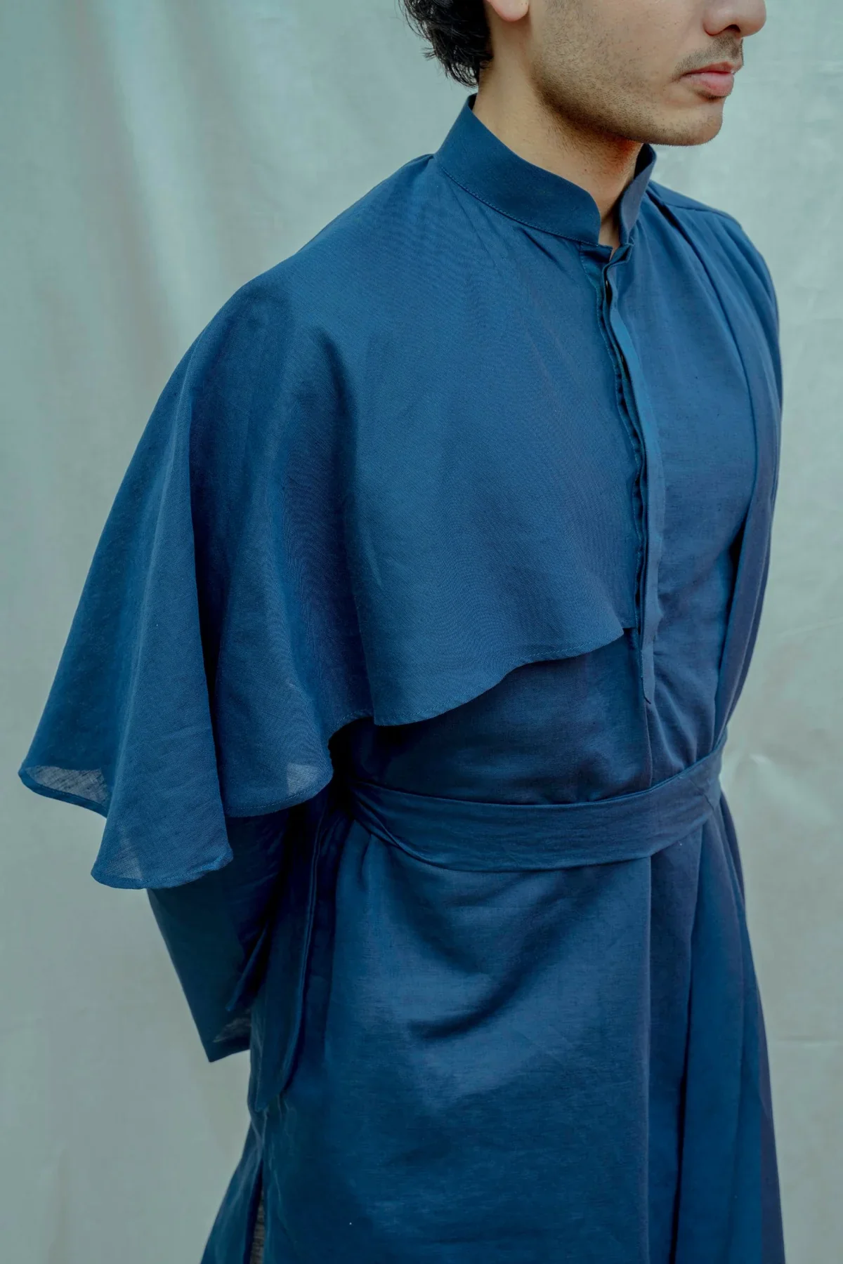 COTTON X LINEN - ROYAL BLUE CAPE STYLE KURTA SET - Image 3