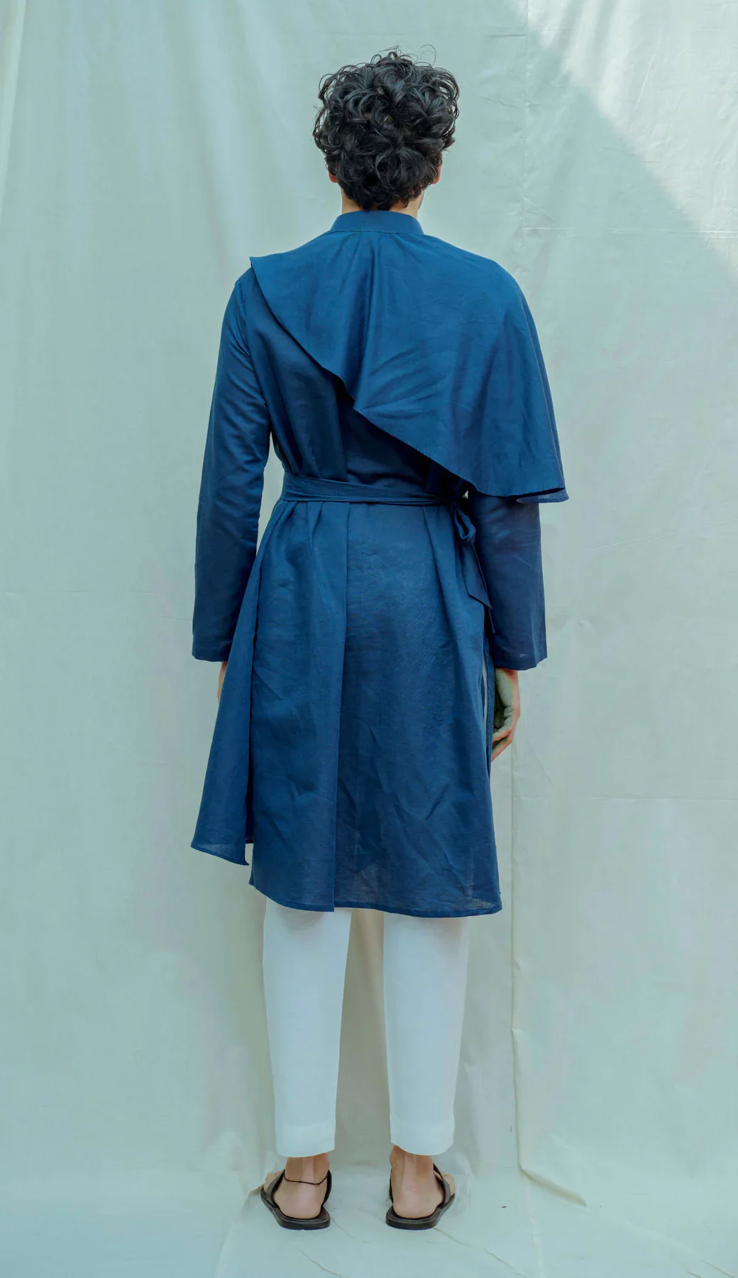 COTTON X LINEN - ROYAL BLUE CAPE STYLE KURTA SET - Image 4