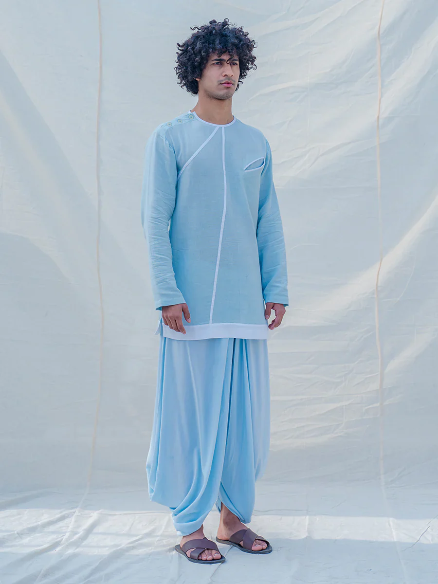 COTTON X LINEN DRENCHED IN AQUA KURTA SET