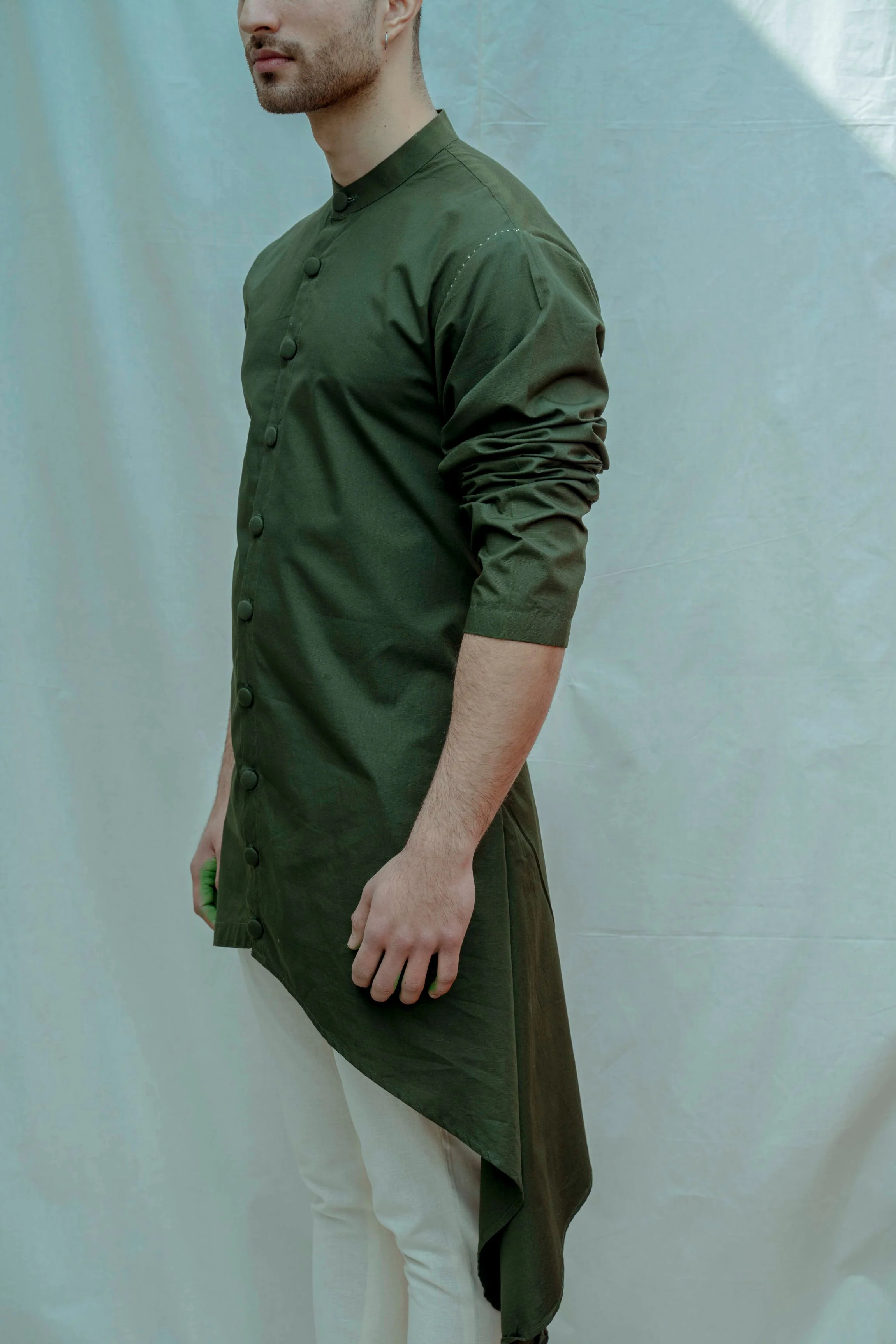 Cotton X Linen - Bottle Green Front Open Kurta Set - Image 3
