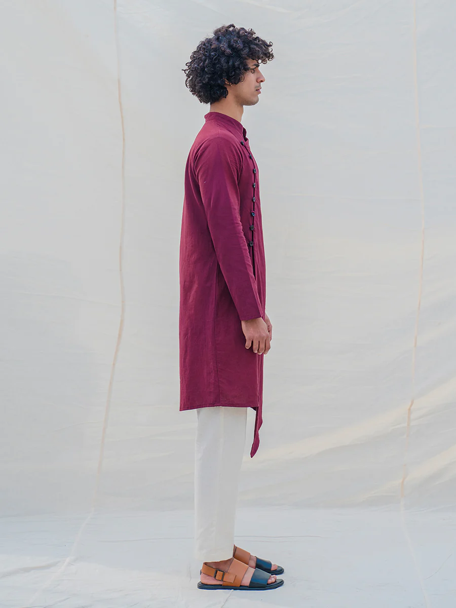 Cotton X Linen Wine Kurta with Pant Set - Image 4