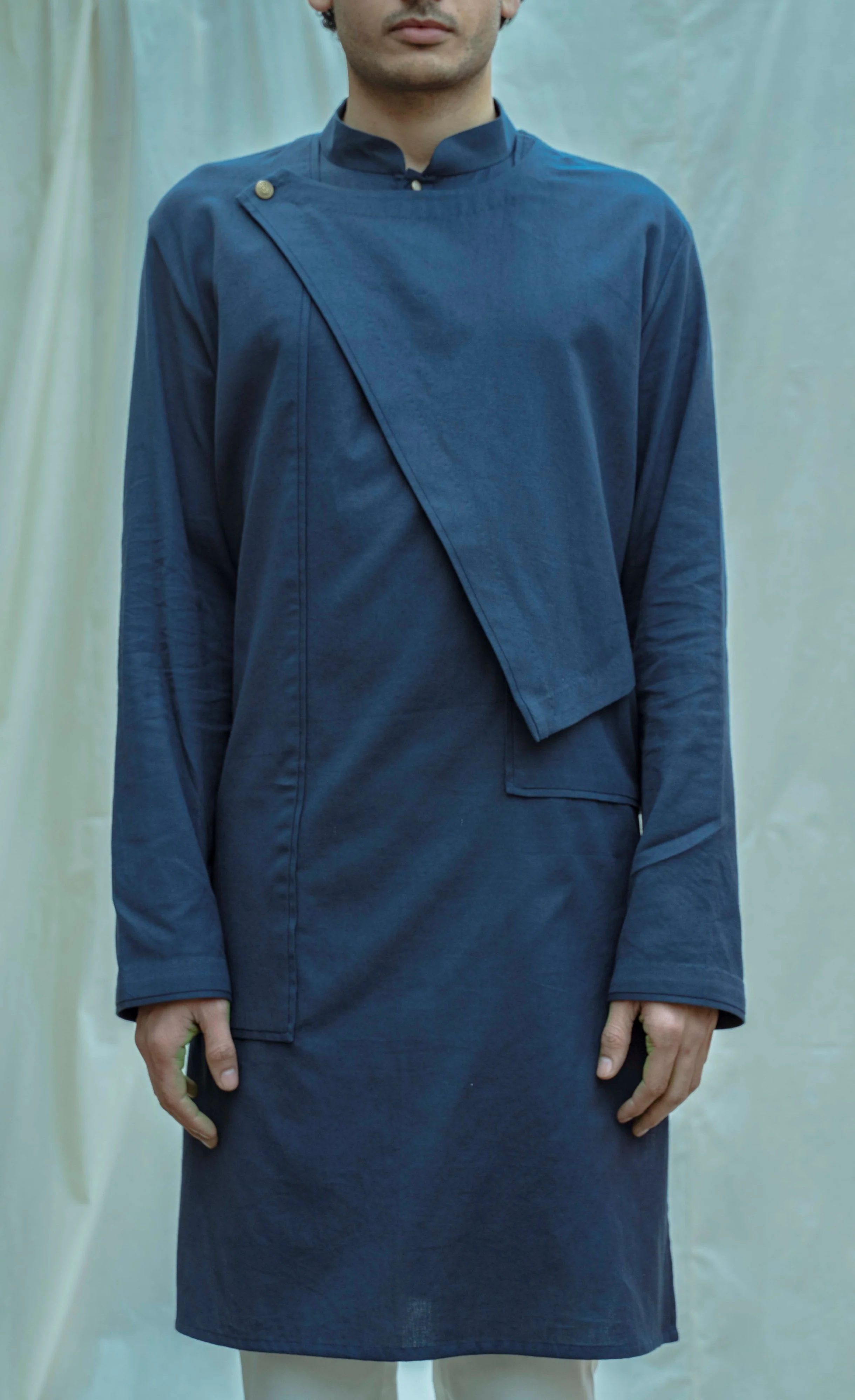 Cotton X Linen Royal Blue Overlap Kurta - Image 3