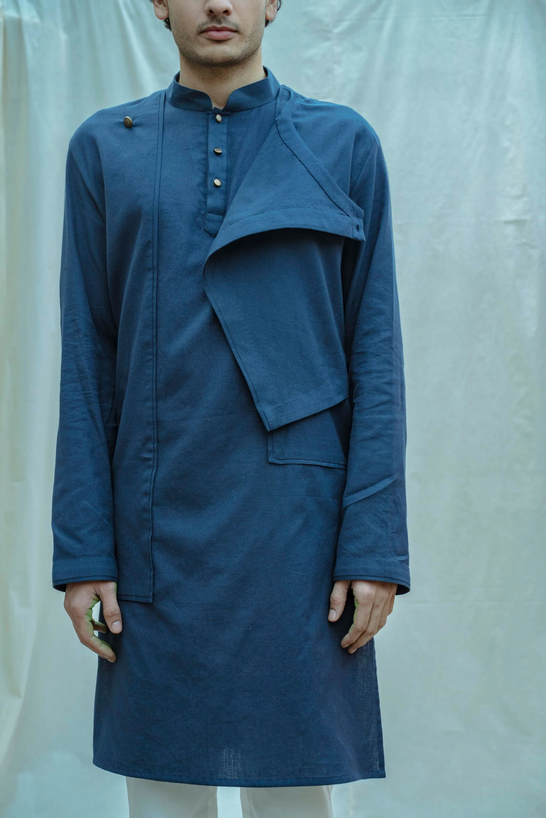 Cotton X Linen Royal Blue Overlap Kurta - Image 4