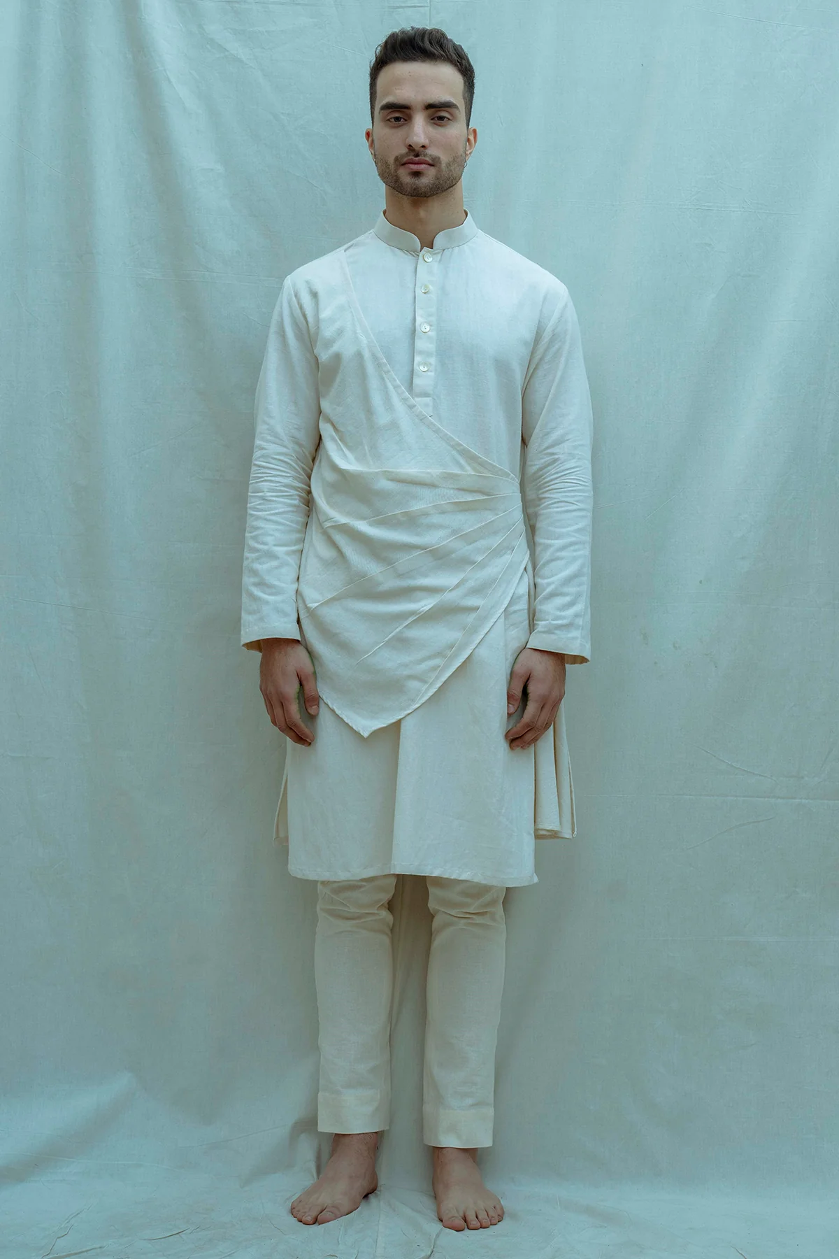Cotton X Linen In Off-White Pleated Angrakha Kurta