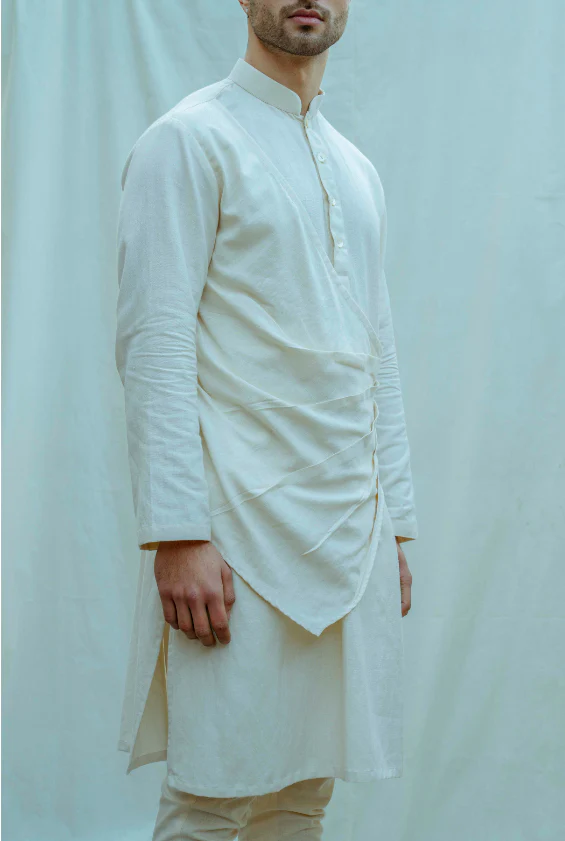 Cotton X Linen In Off-White Pleated Angrakha Kurta - Image 3