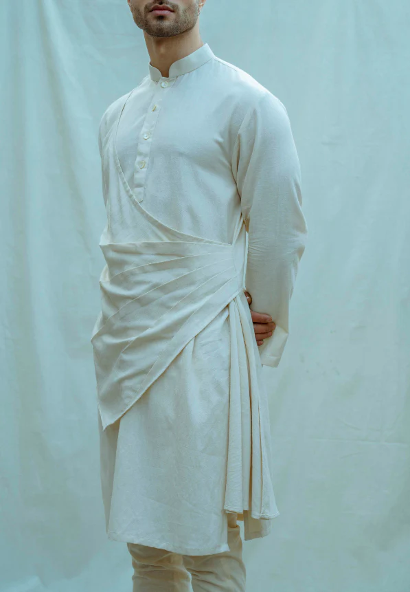 Cotton X Linen In Off-White Pleated Angrakha Kurta - Image 4