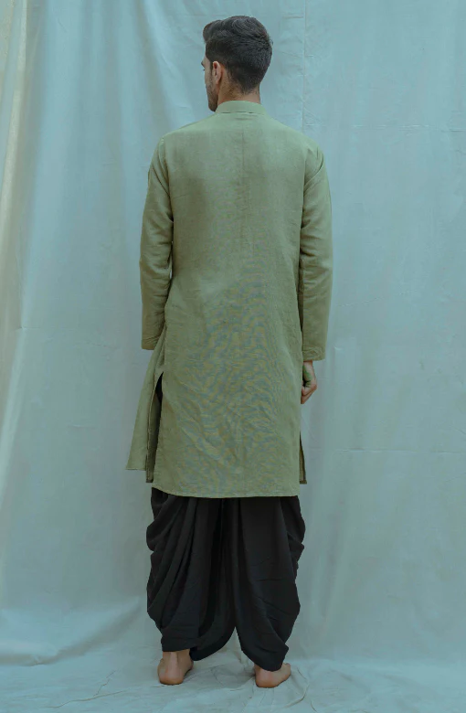 Cotton X Linen Pleated Angrakha Kurta In Nature Green - Image 2