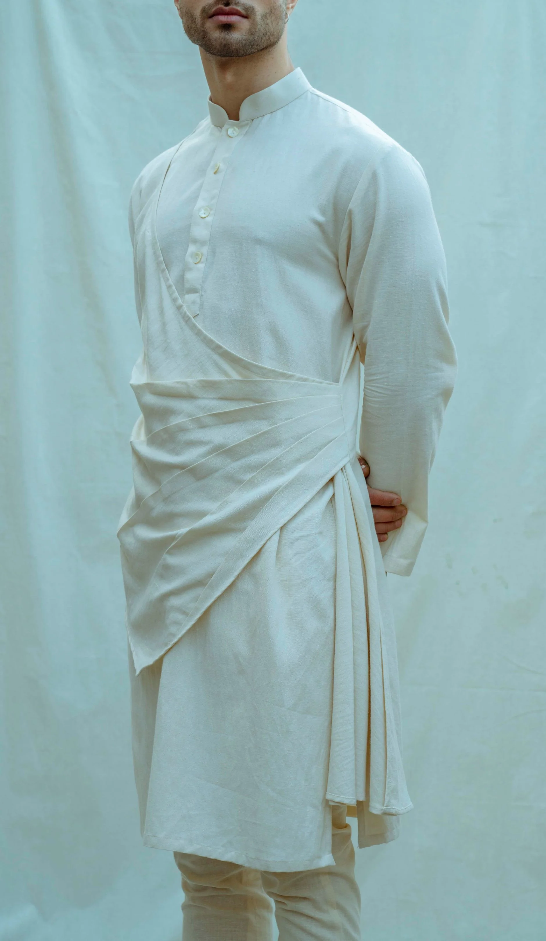Cotton X Linen Pleated Angrakha Kurta Set - Image 3