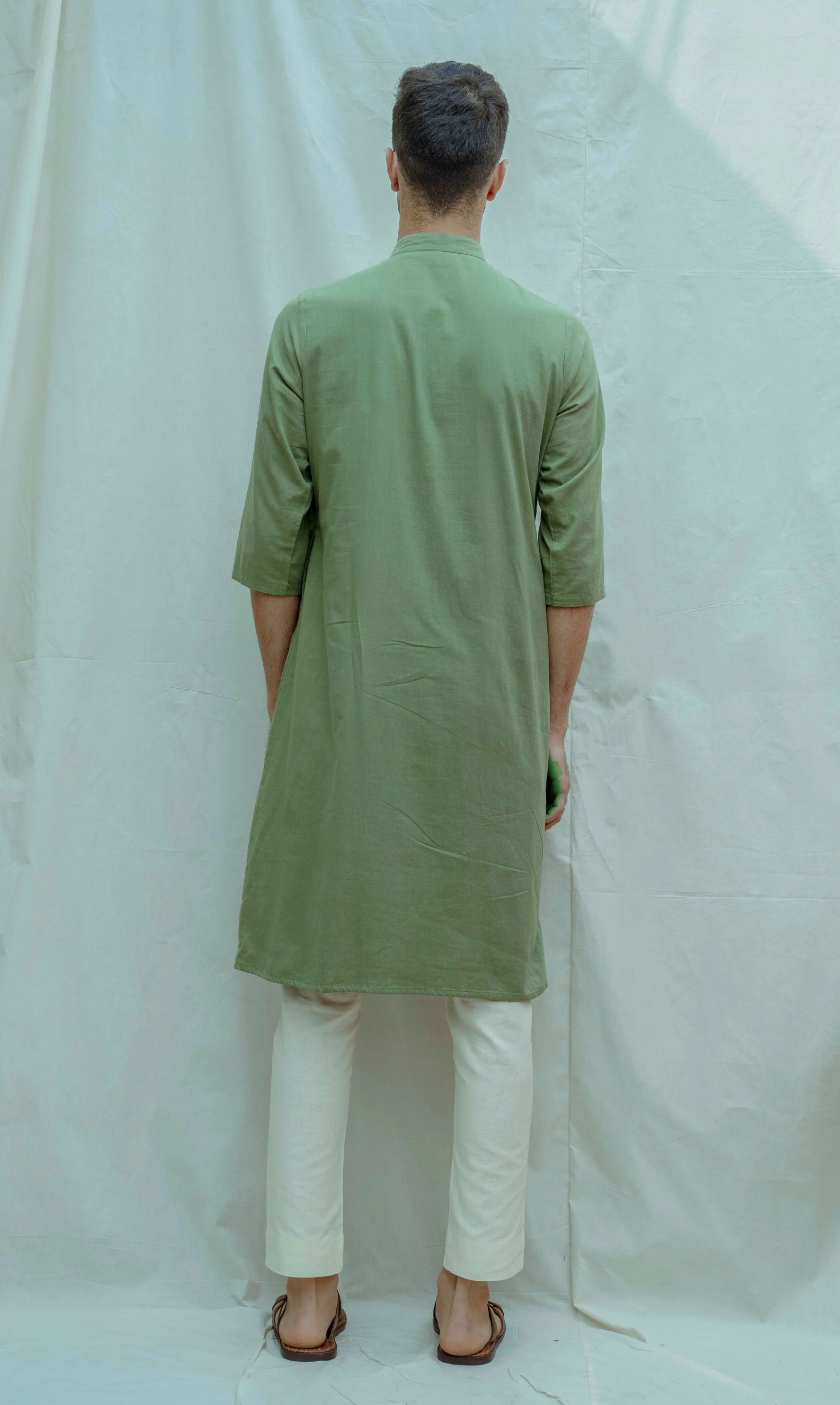Nature Green Cowl Kurta with Off-White Pant Set - Image 3