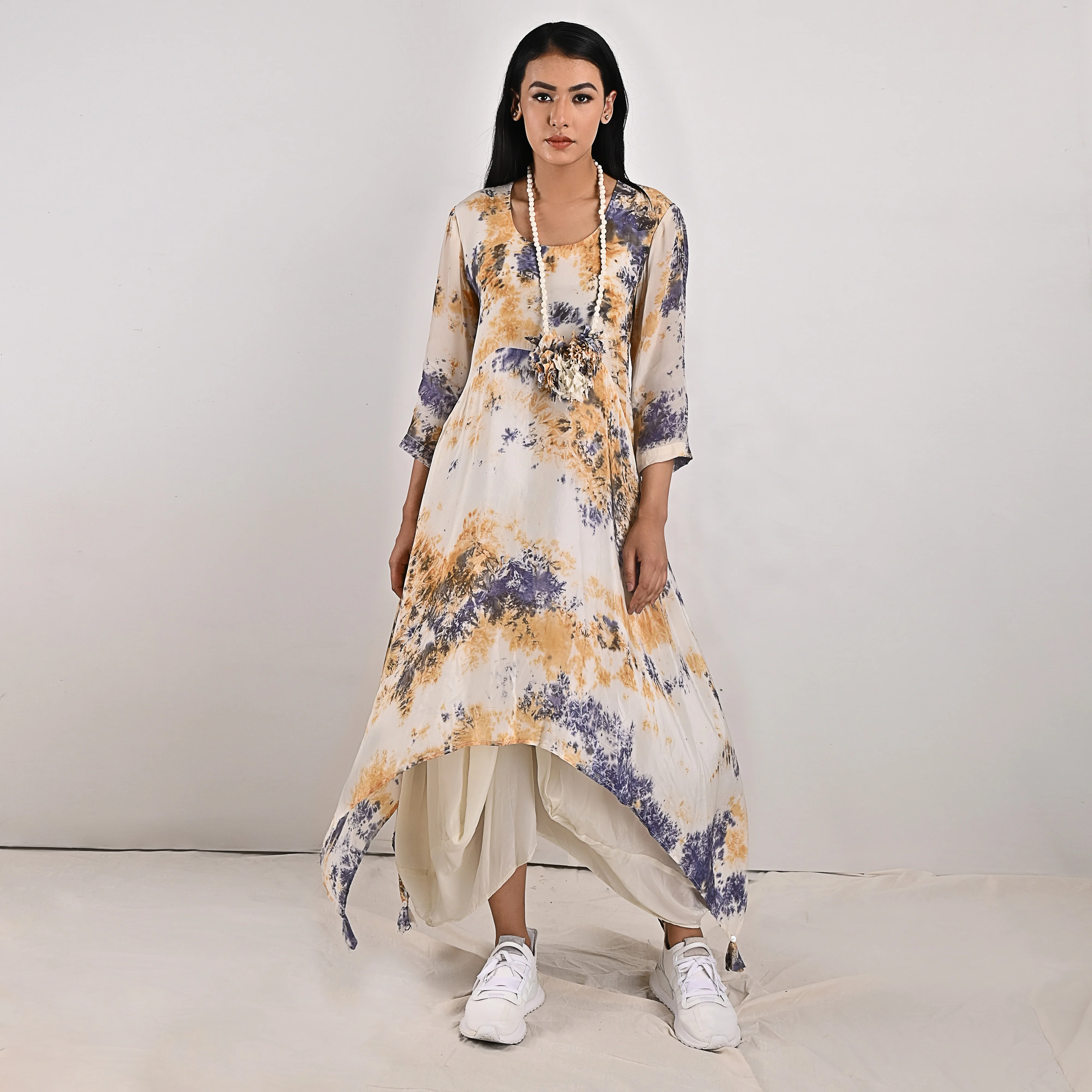 Cressida - Off-whit , Blue & Mustard Tie & Dye Cowl Dress