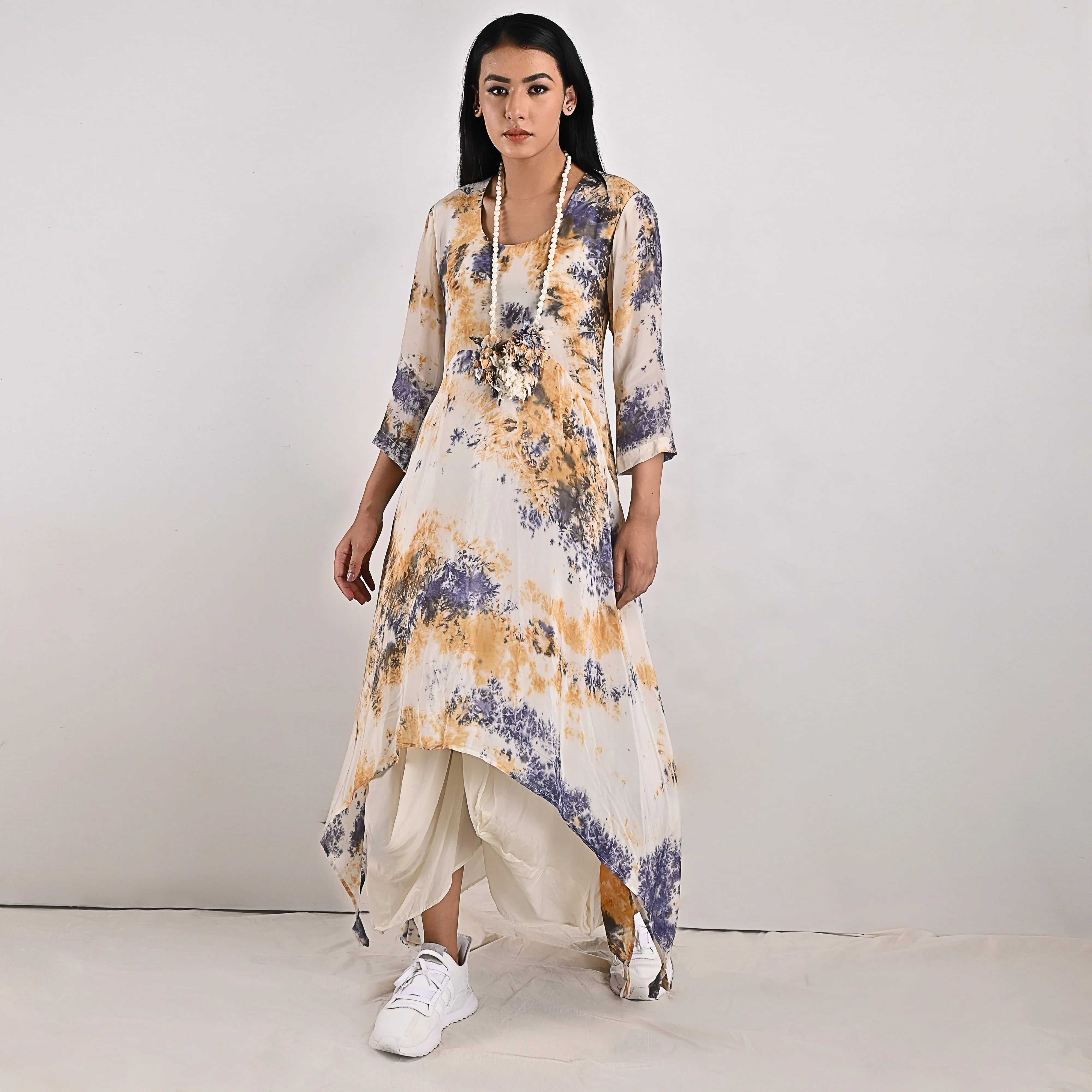 Cressida - Off-whit , Blue & Mustard Tie & Dye Cowl Dress - Image 2