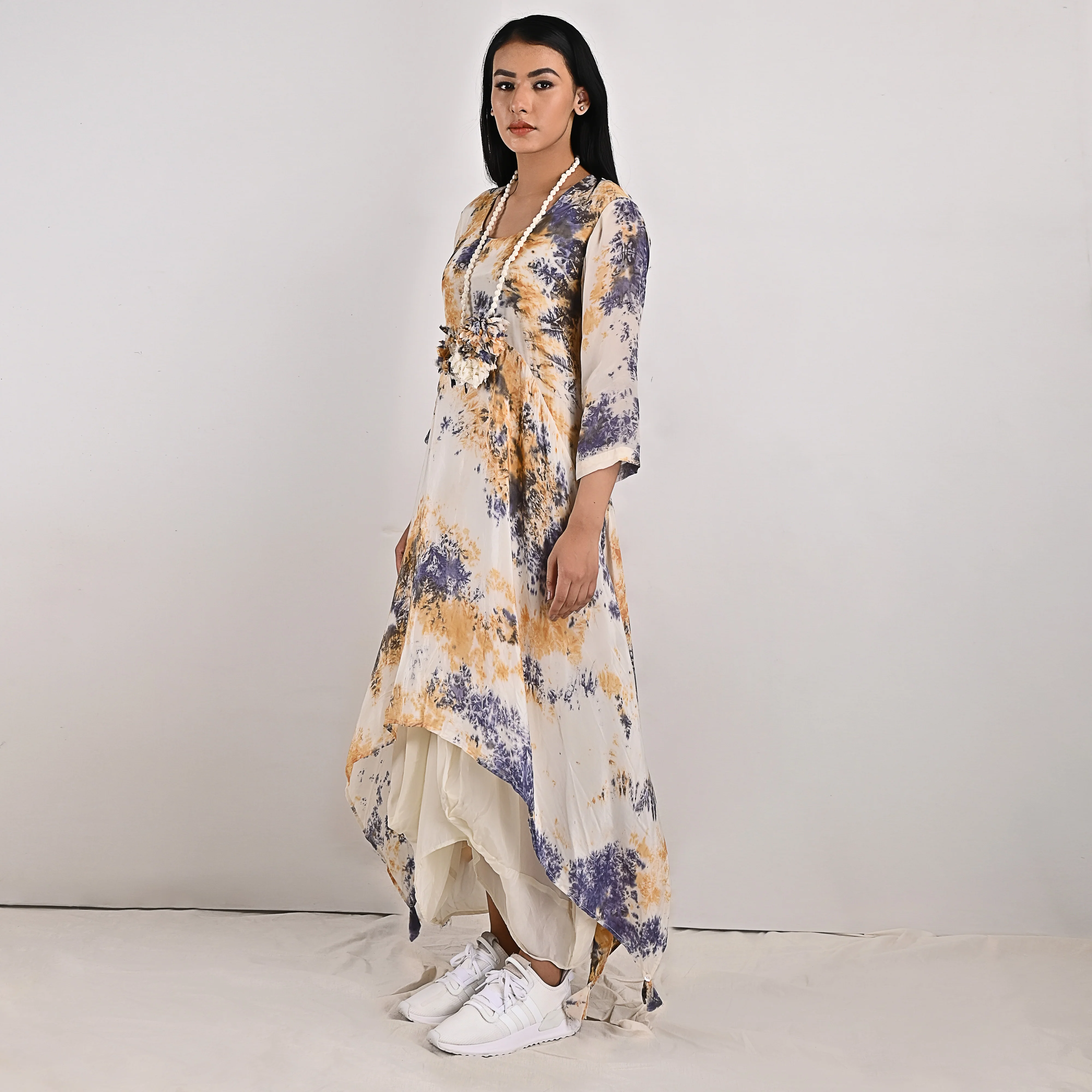 Cressida - Off-whit , Blue & Mustard Tie & Dye Cowl Dress - Image 3