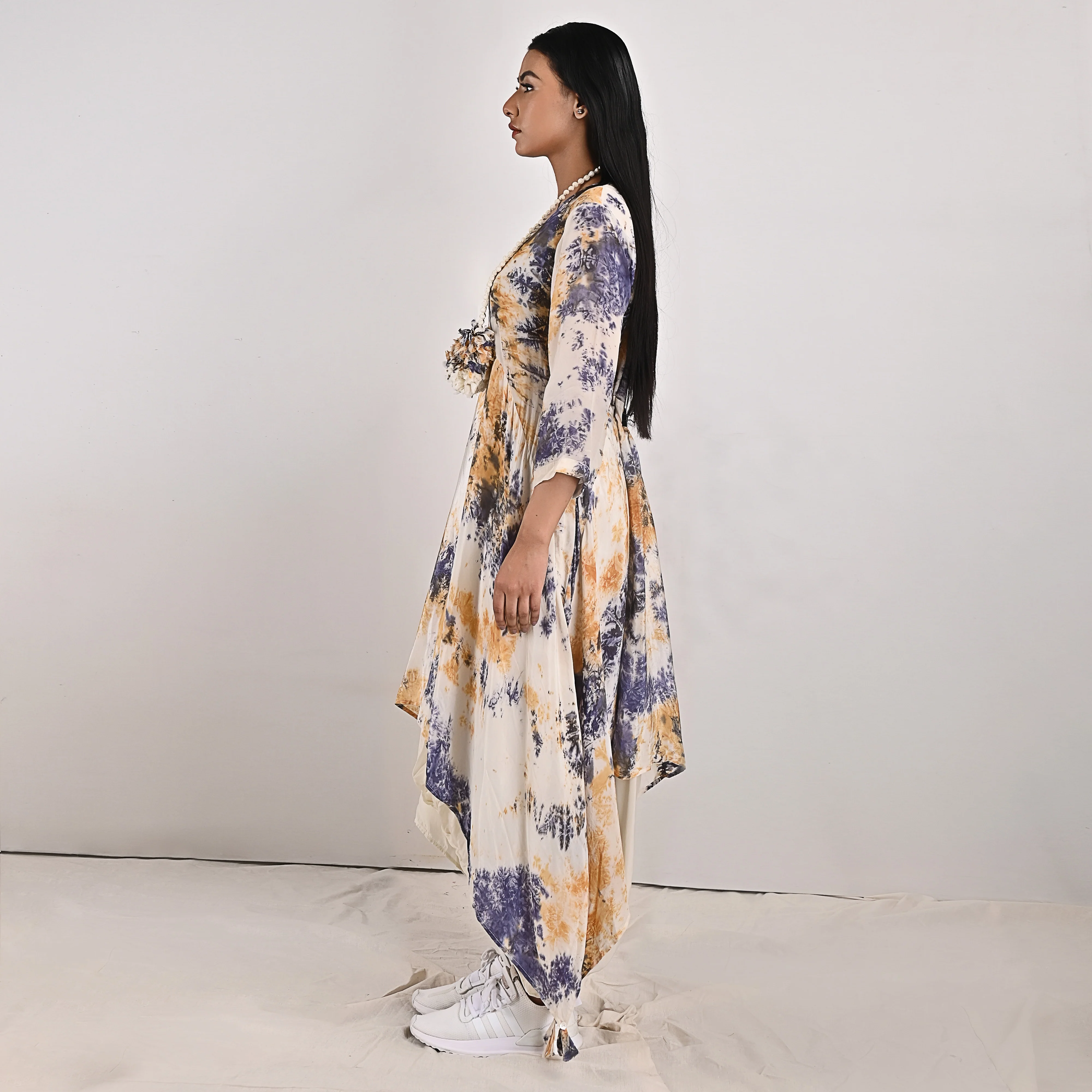 Cressida - Off-whit , Blue & Mustard Tie & Dye Cowl Dress - Image 4