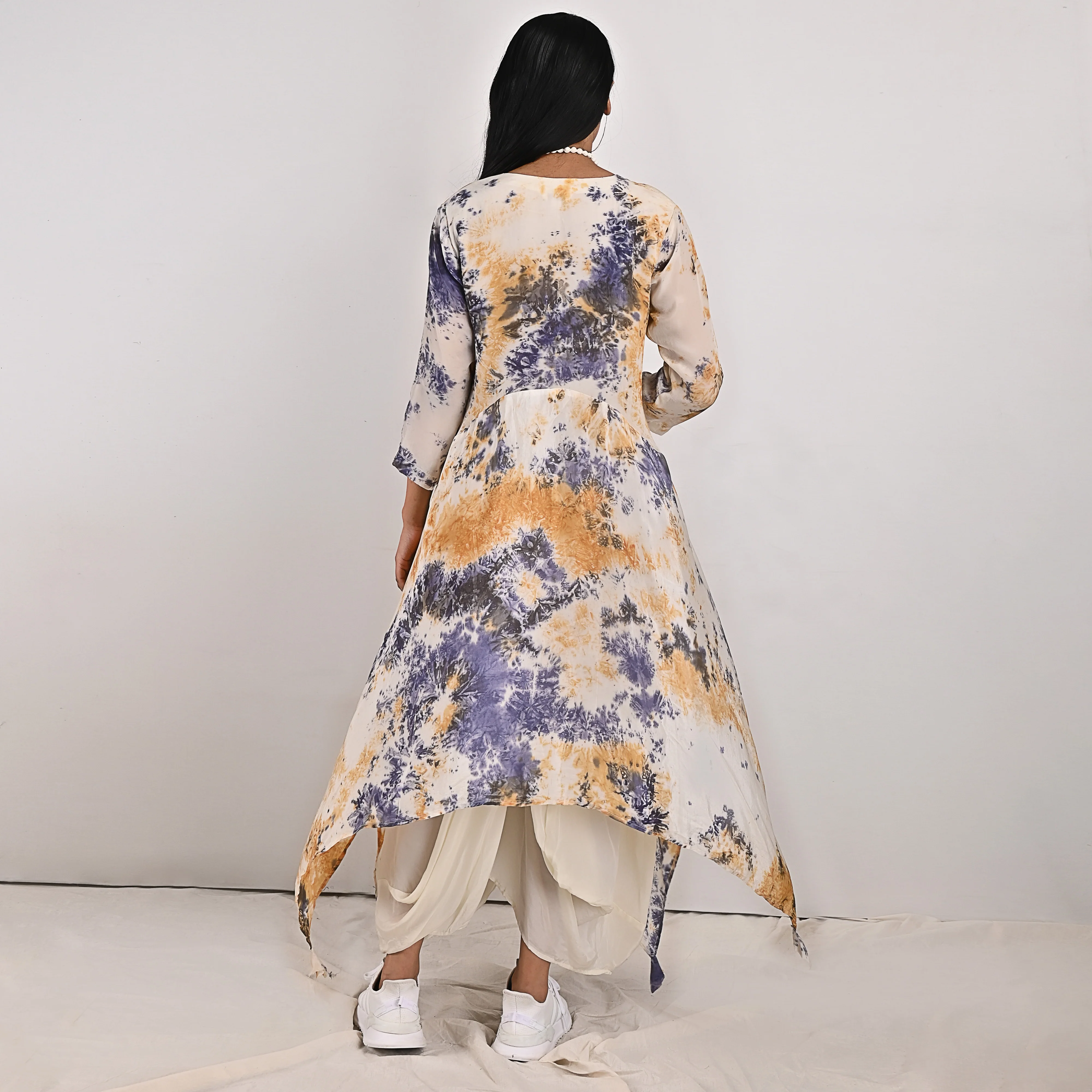 Cressida - Off-whit , Blue & Mustard Tie & Dye Cowl Dress - Image 5