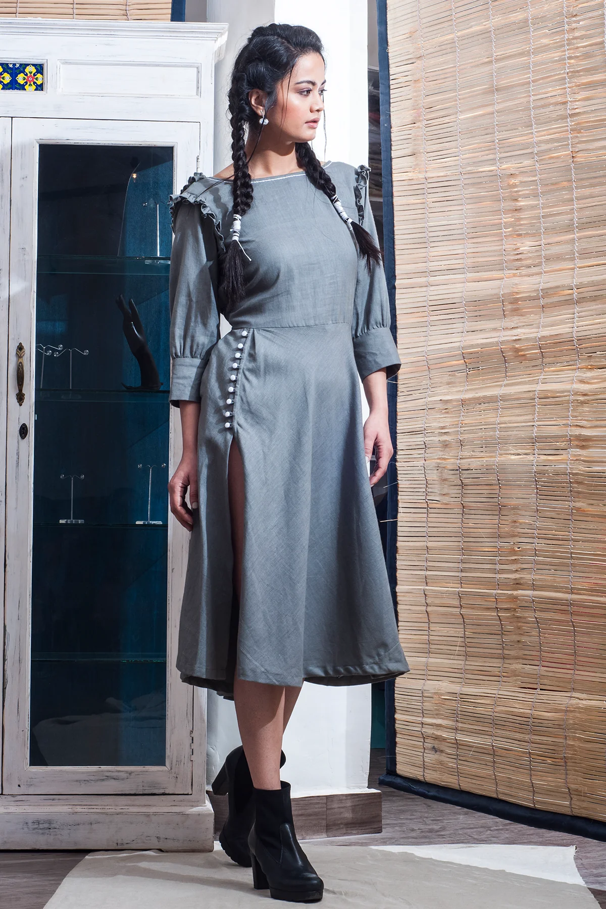 Donna- Grey A-line Dress With Side Slits - Image 2