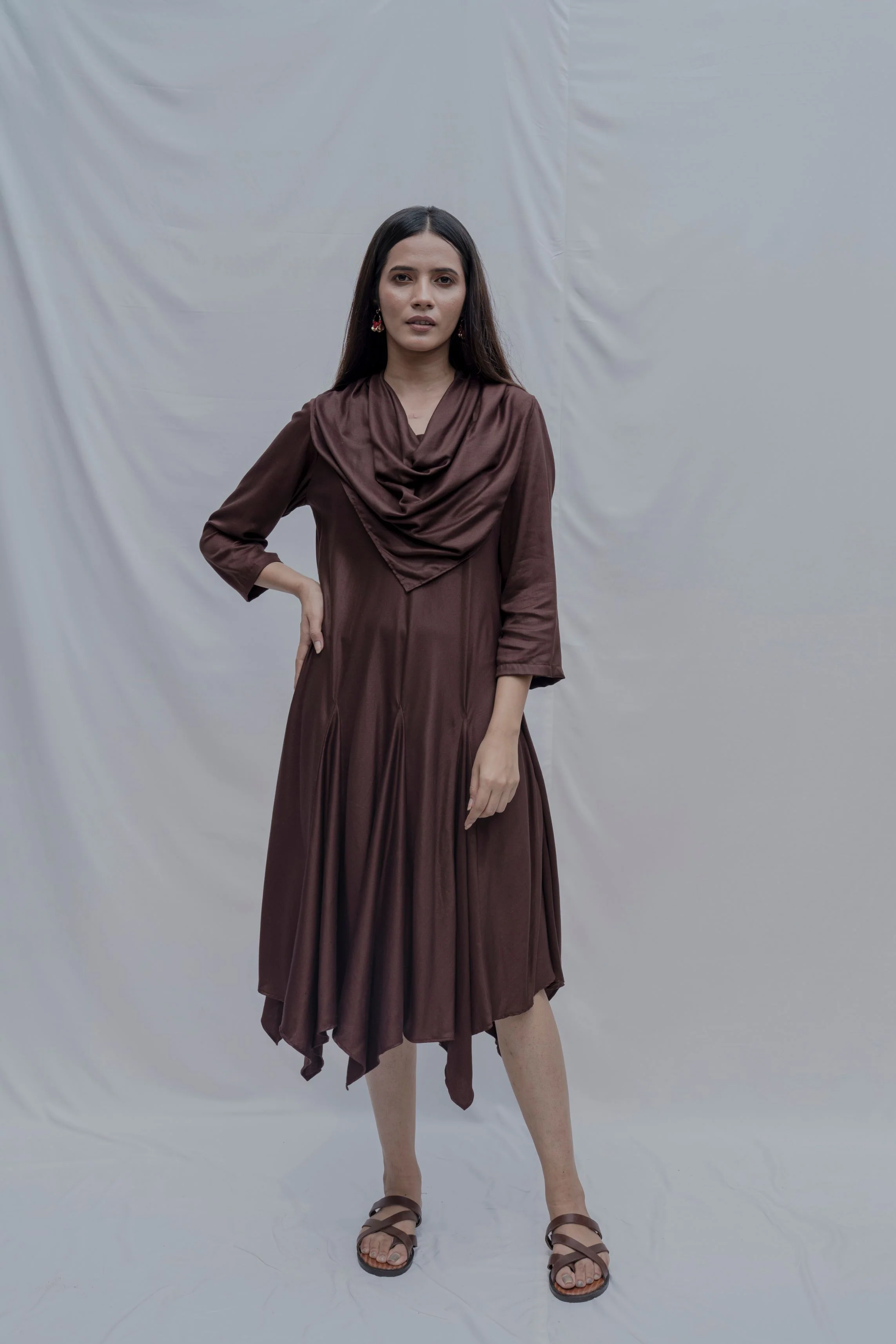 Dream- Brown Draped Cowl Dress