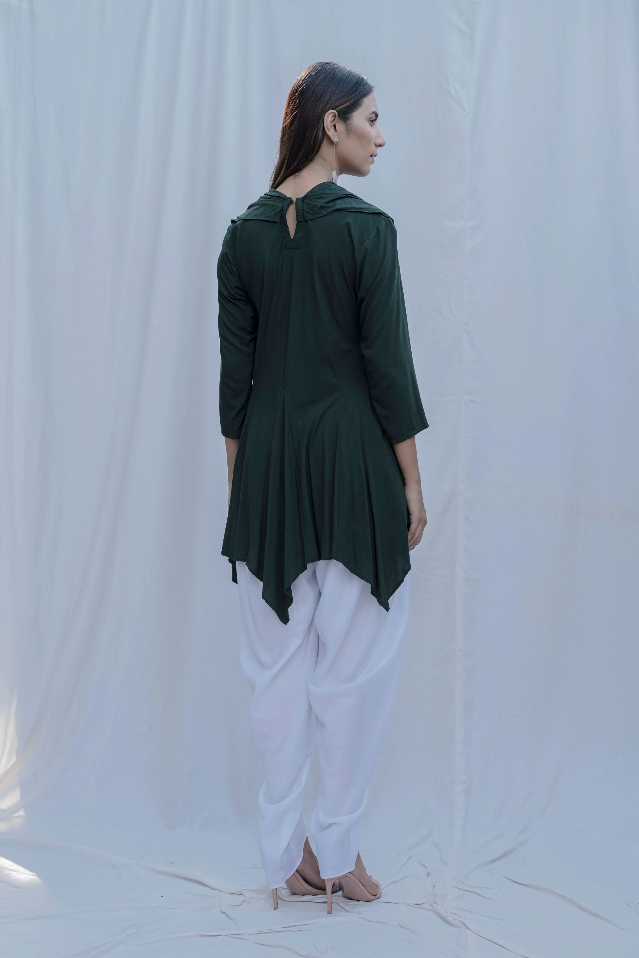 Dream Cowl Top in Bottle Green & Tulip Dhoti in White Set - Image 2