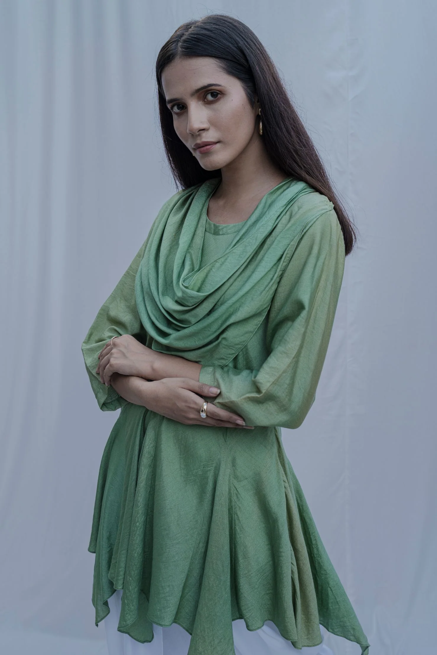 Dream Cowl Top in Light Green and Tulip Dhoti in White - Set - Image 2