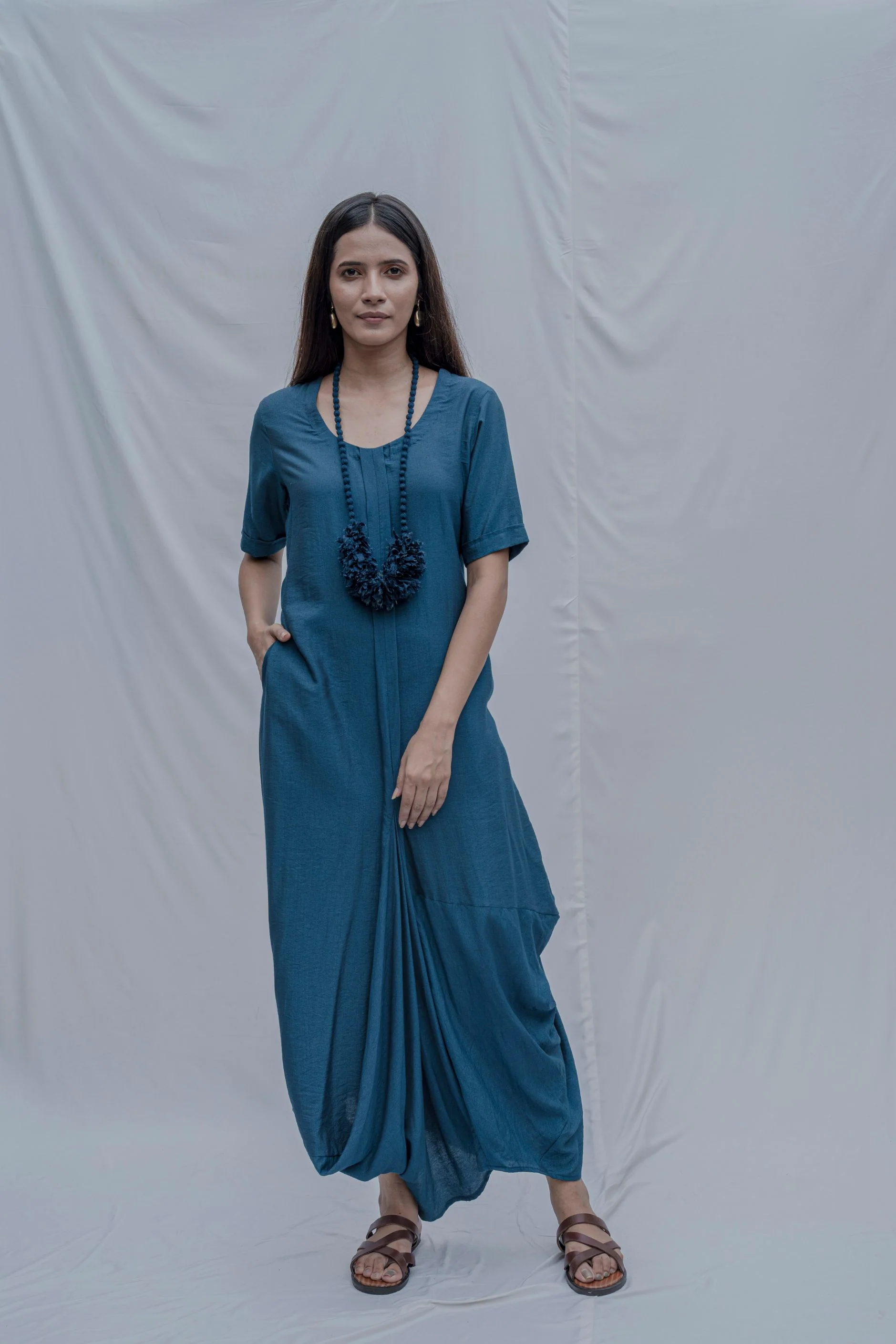 Turquoise Blue Dress Cum Jumpsuit with Necklace