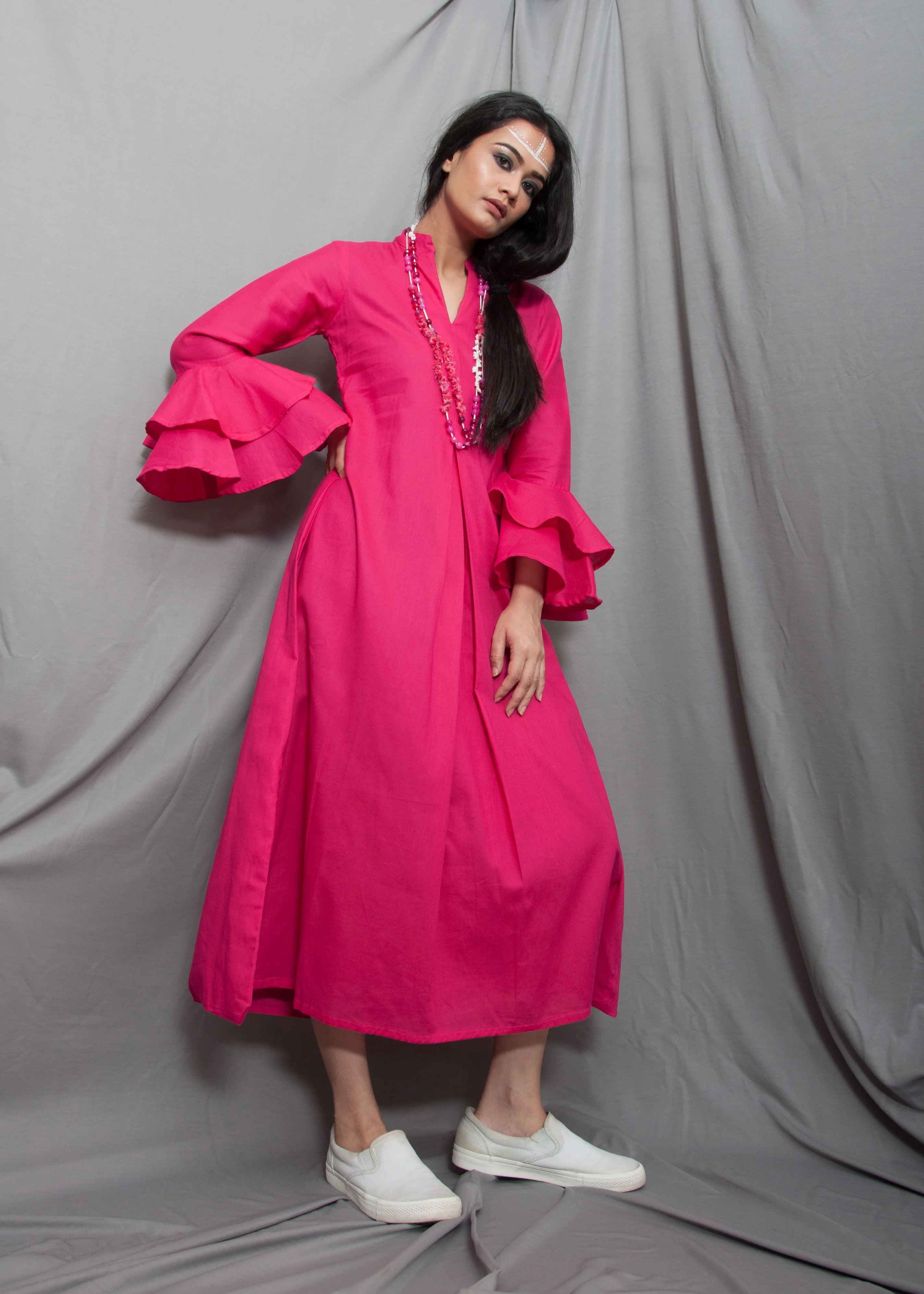Dust - Hot Pink Long Cowl Dress With Bell Sleeves - Image 3