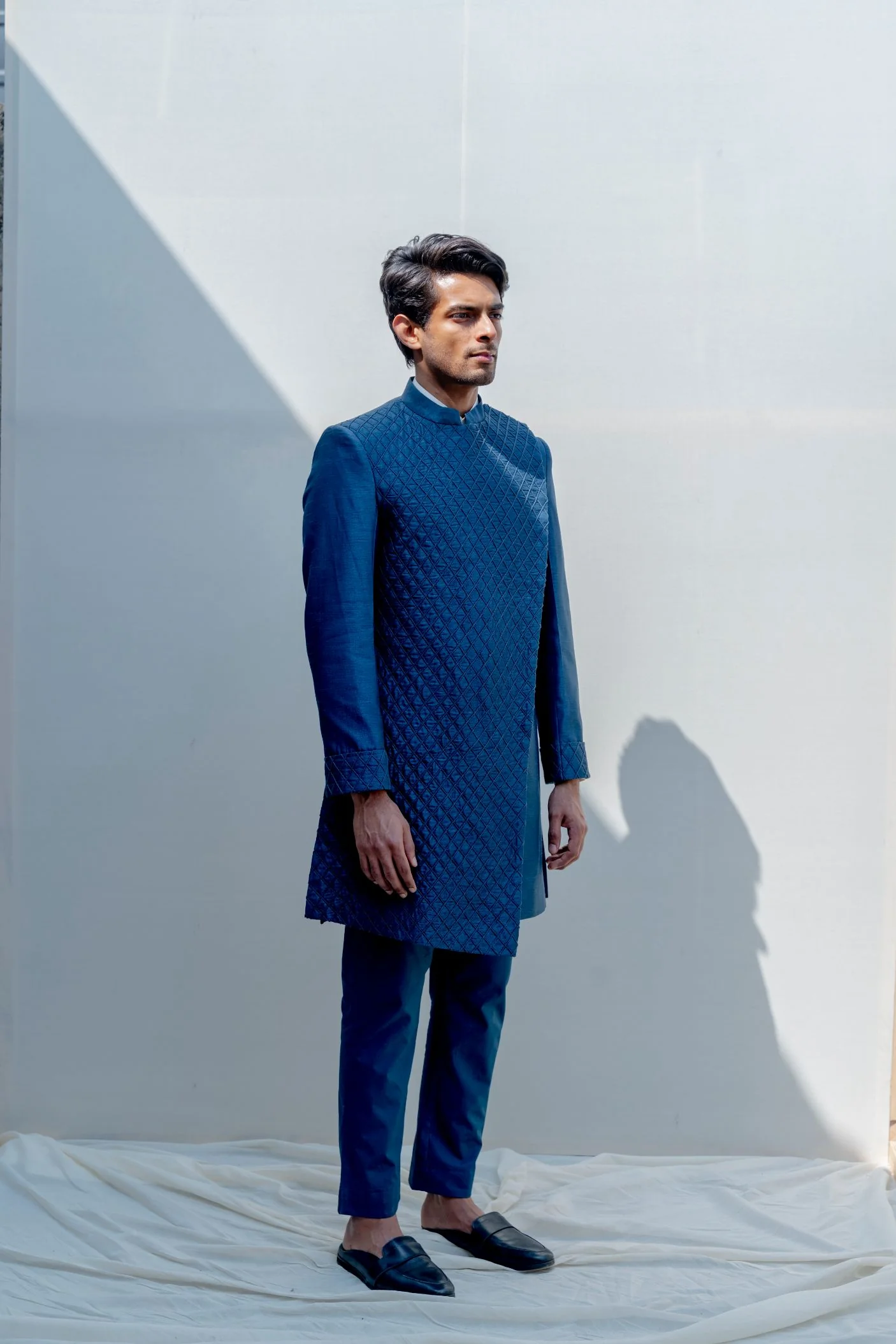 Eccentric- Turquoise Blue Asymmetric Embroidered Achkan with Shirt & Pant Set - Image 2
