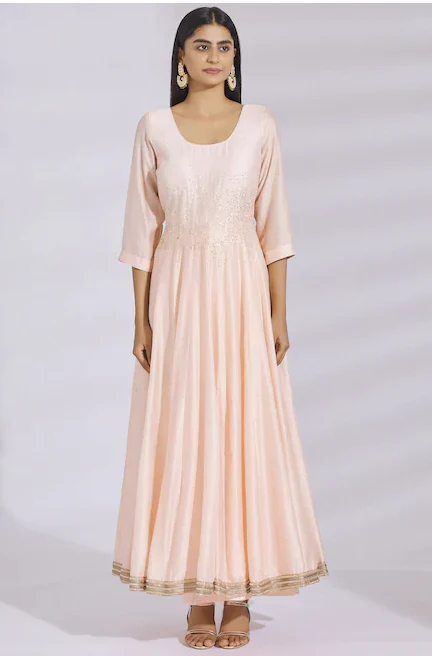 Embellished Chanderi Silk Anarkali Set in Peach - Image 3