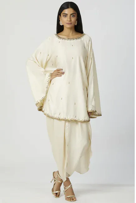 Embellished Kaftan Dhoti Pant Set in Off-White