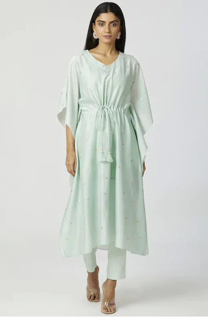 Embroidered Kaftan Mint Green Pant Set