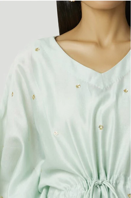 Embroidered Kaftan Mint Green Pant Set - Image 6