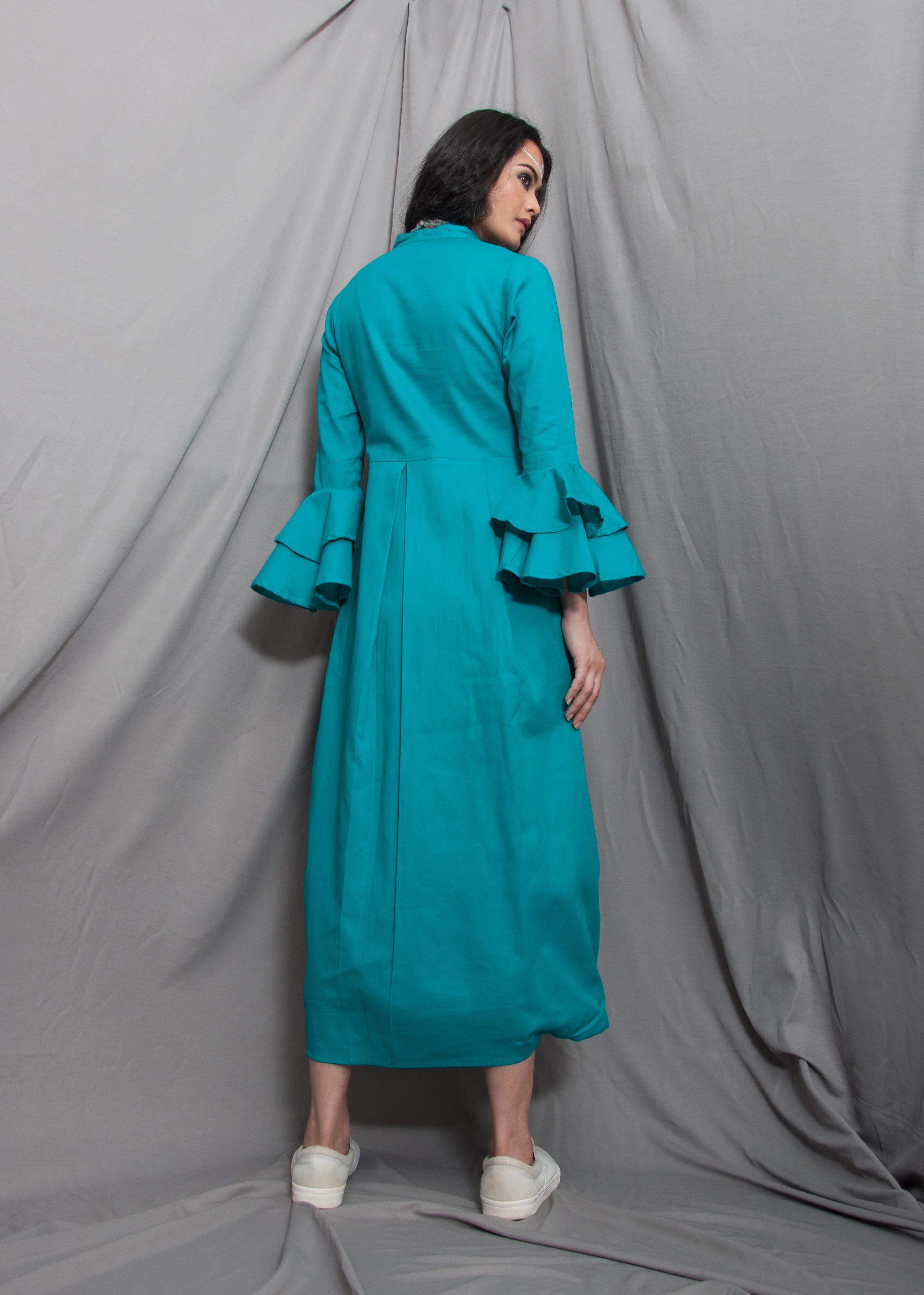 Essence- Turquoise Blue Cowl Dress With Necklace & Bell Sleeve - Image 3