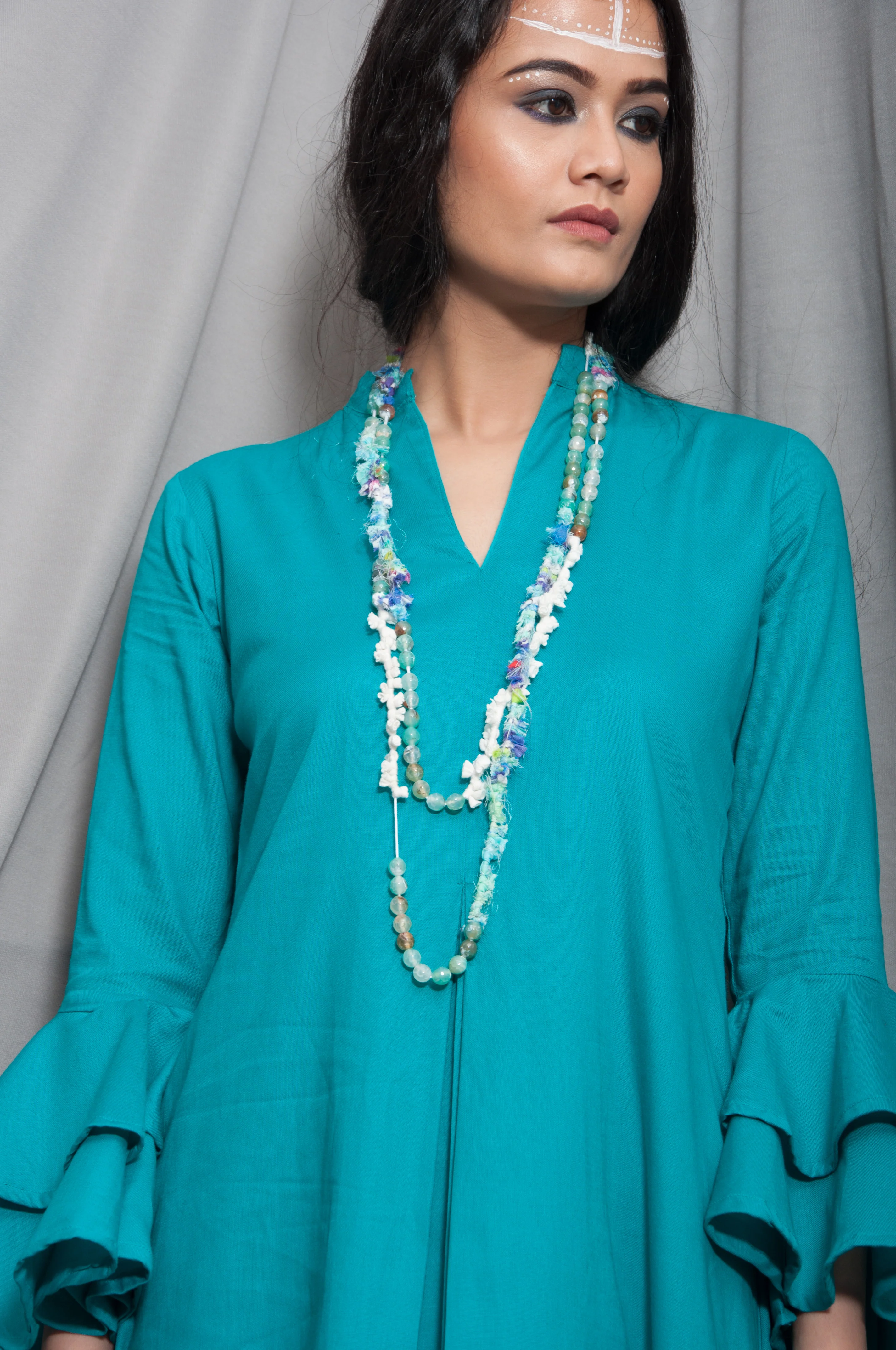 Essence- Turquoise Blue Cowl Dress With Necklace & Bell Sleeve - Image 5