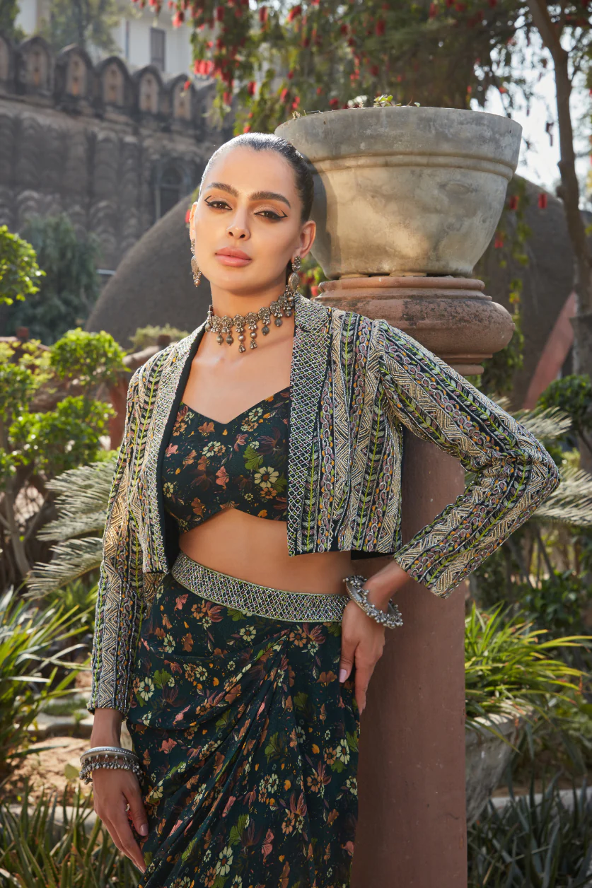 Essence- Green Printed Drape Skirt Set - Image 3