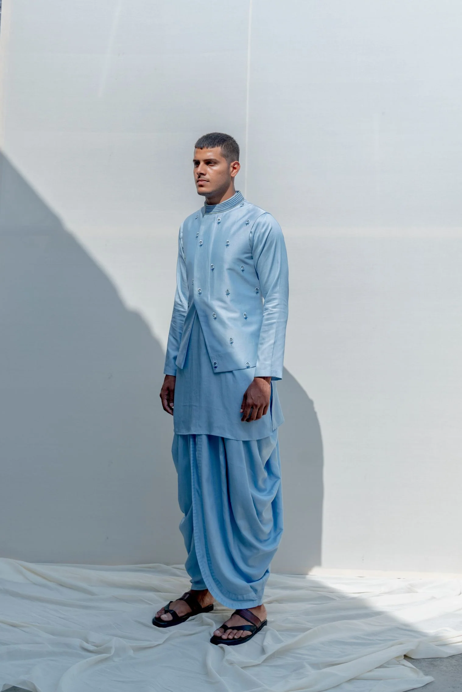Esteem - Light Blue Floral Embroidered Jacket with Kurta Set - Image 3