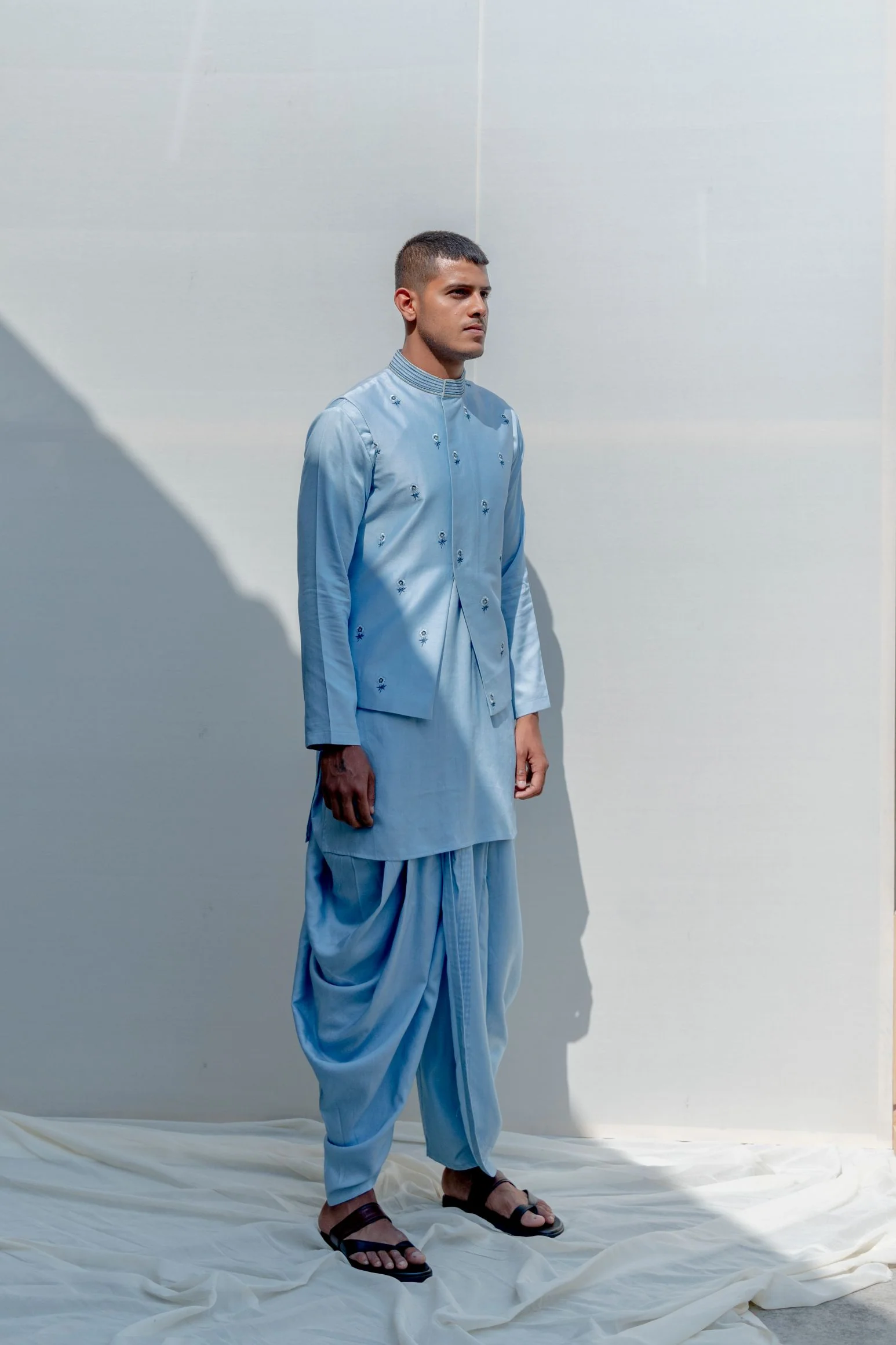 Esteem - Light Blue Floral Embroidered Jacket with Kurta Set - Image 4