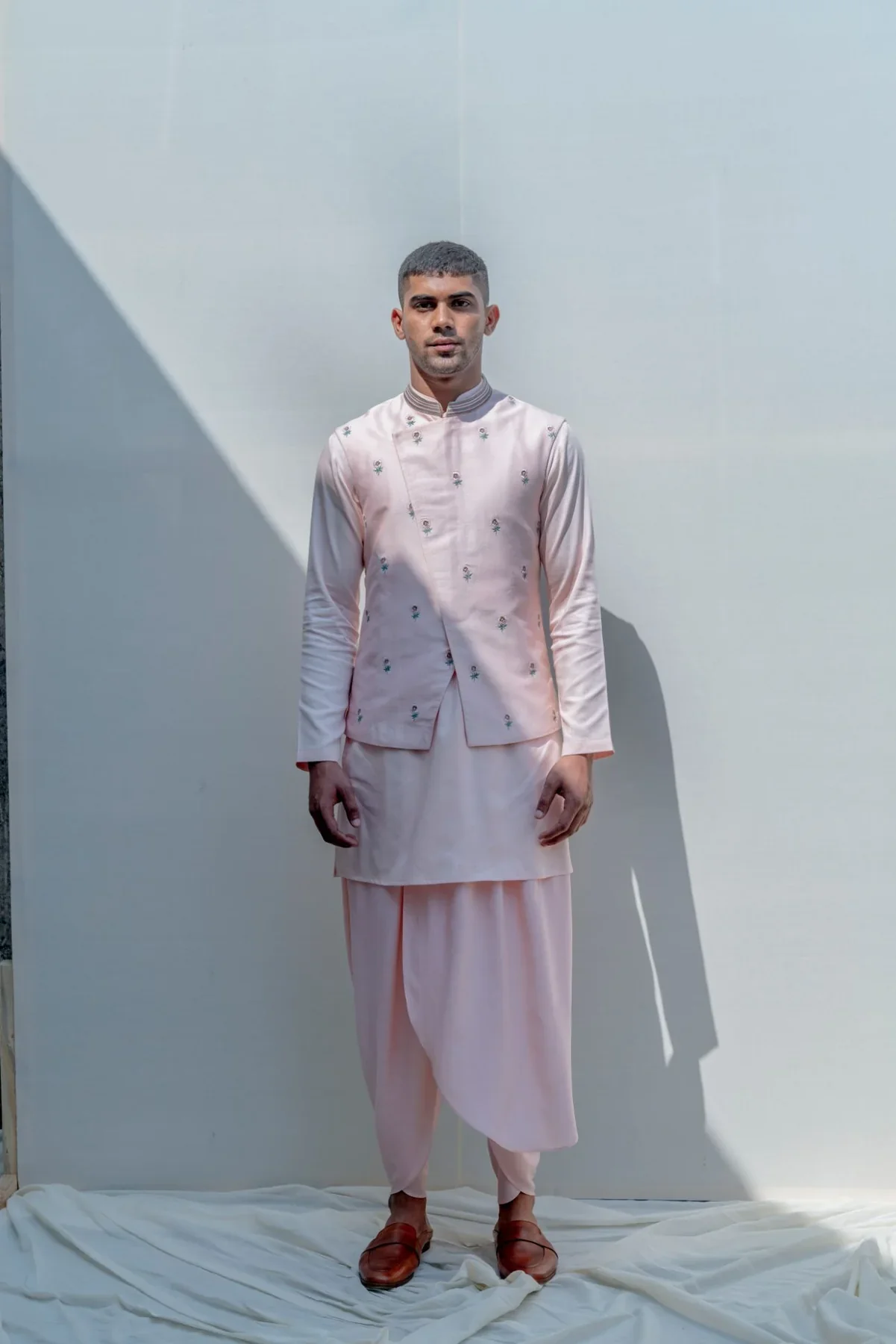 EXEMPLER - Peach Floral Embroidered Jacket With Kurta & Tulip Pant Set