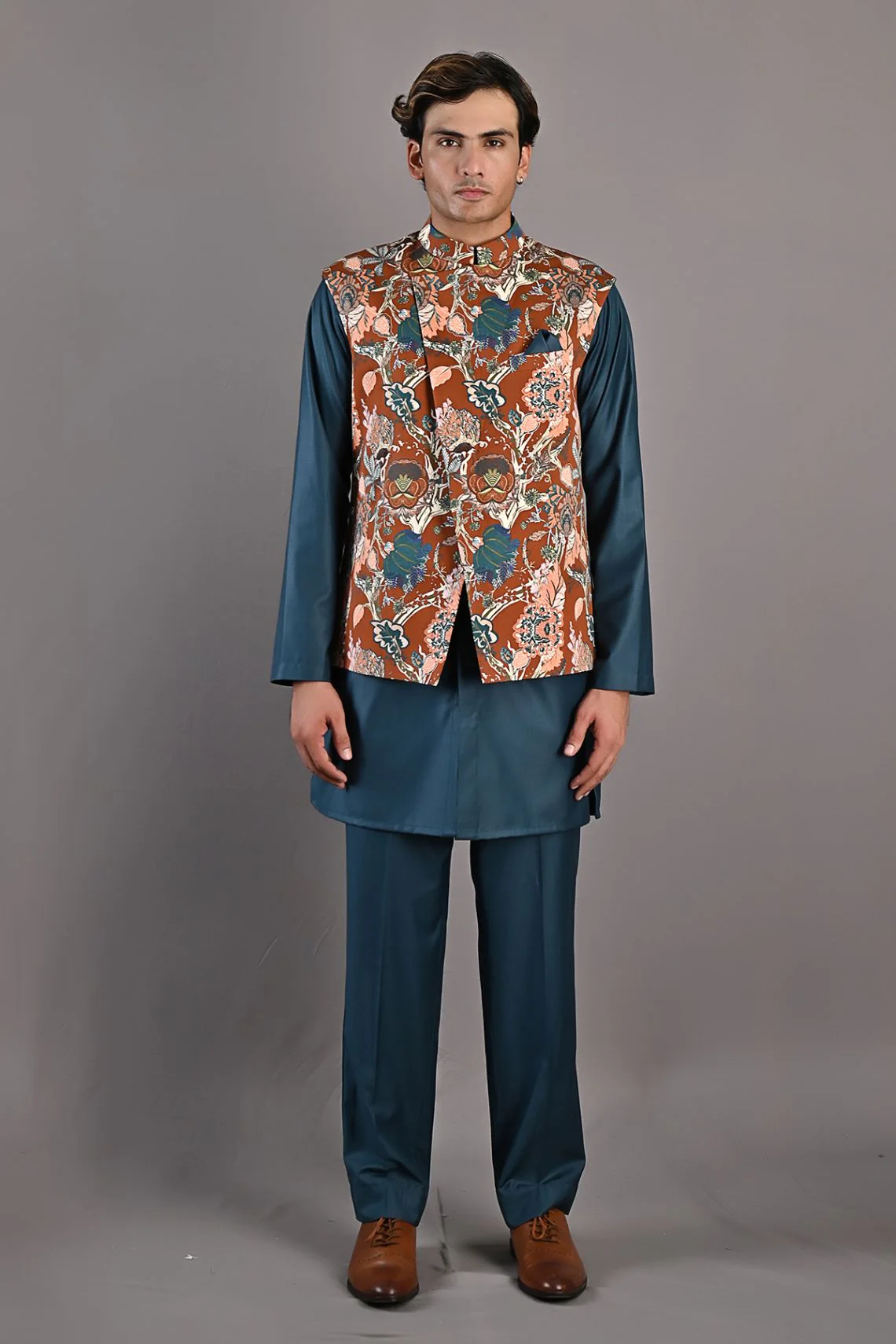 Fiore - Maroon & Multi Printed Nehru Jacket with Teal Green Kurta Set