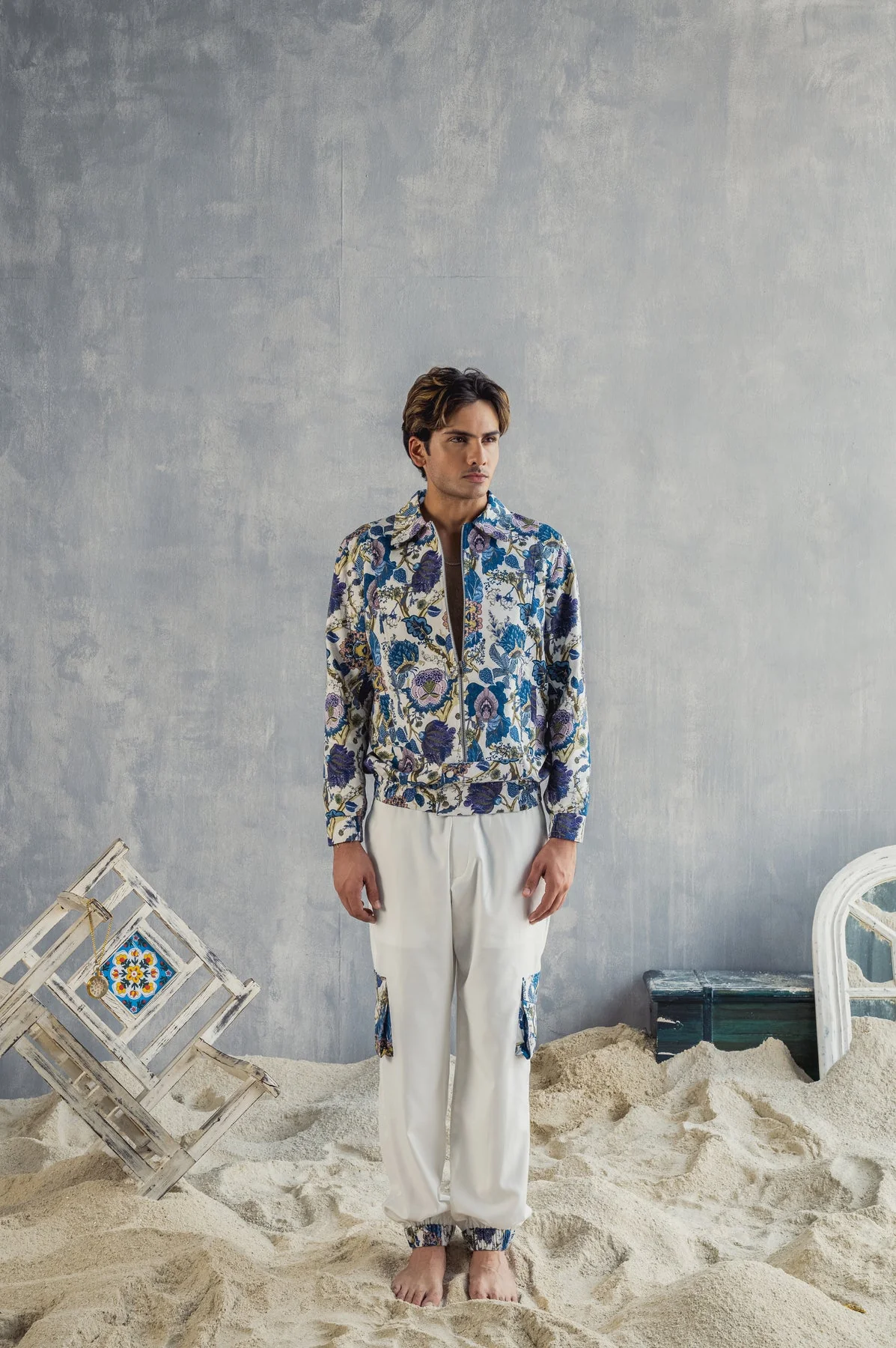 Florian - Multi Blue Printed Bomber Jacket With Jogger Set