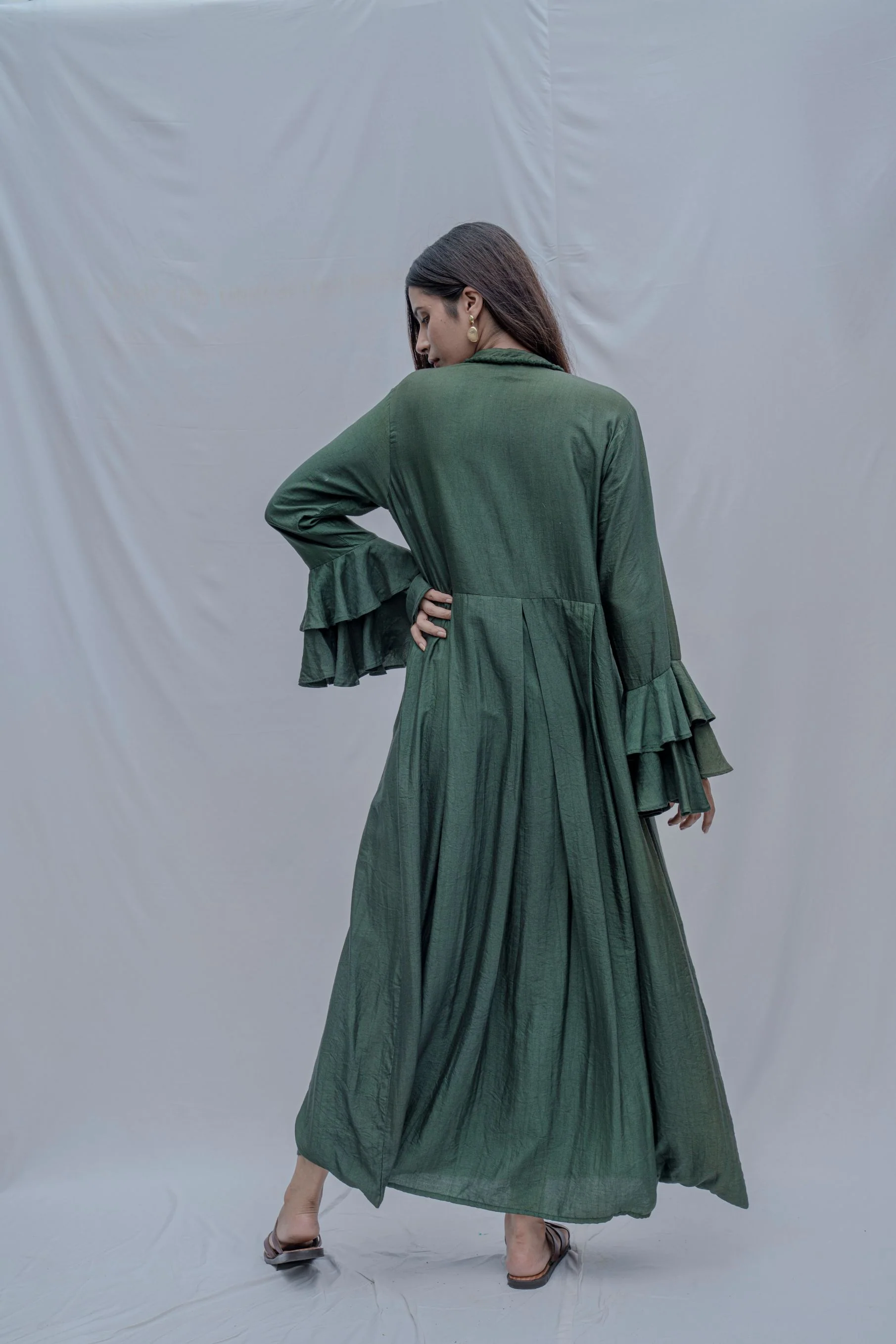 Bottle Green Front Pleated Dress with Bell Sleeves & Necklace - Image 3