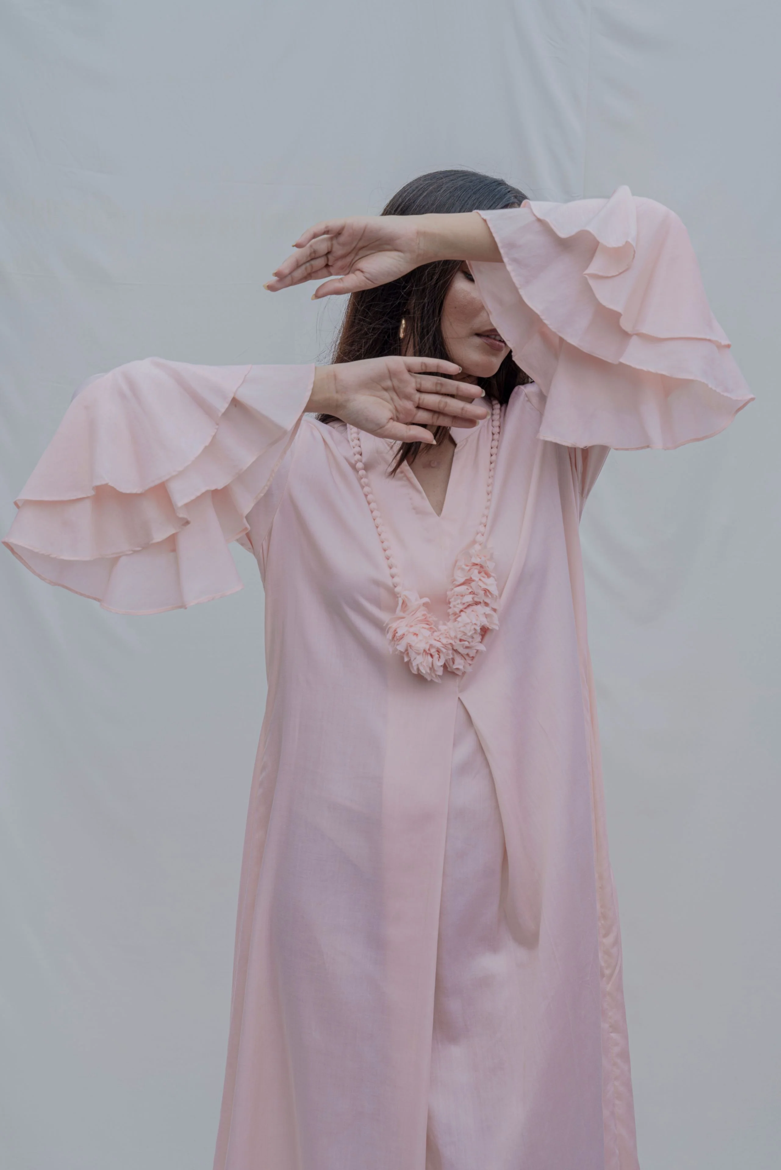 Light Pink Front Pleated Dress with Bell Sleeves & Necklace - Image 3